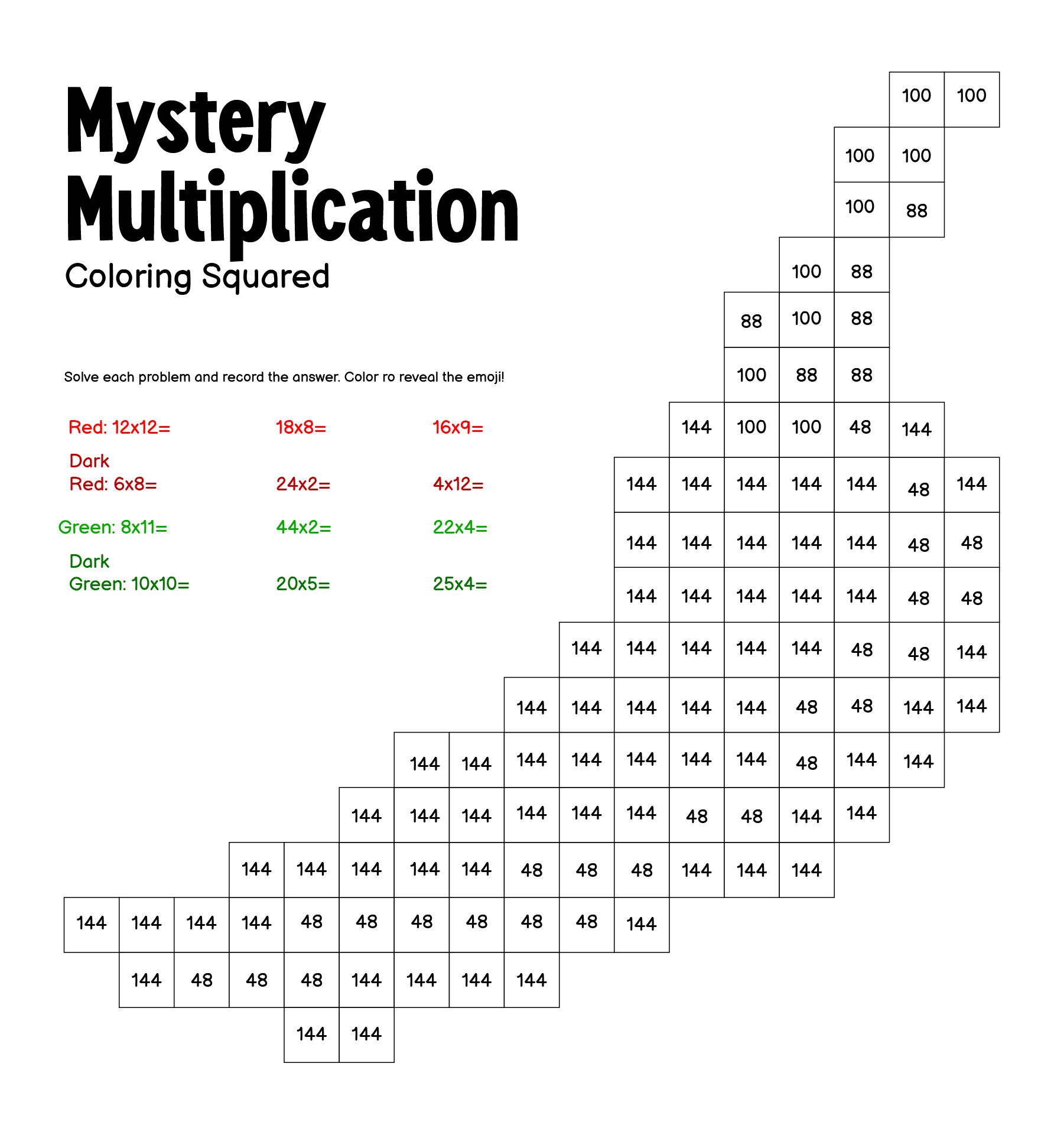 Mystery Multiplication Coloring Squared