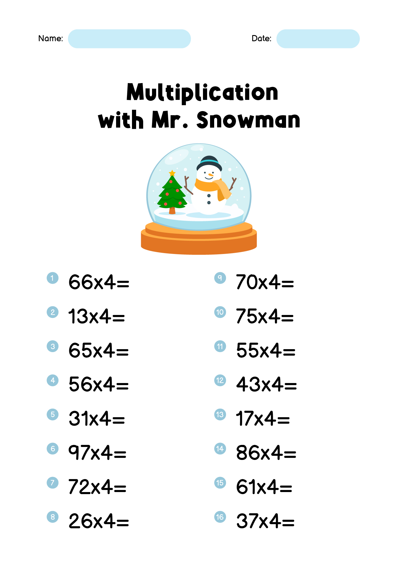 Snowman Multiplication X4 Worksheets