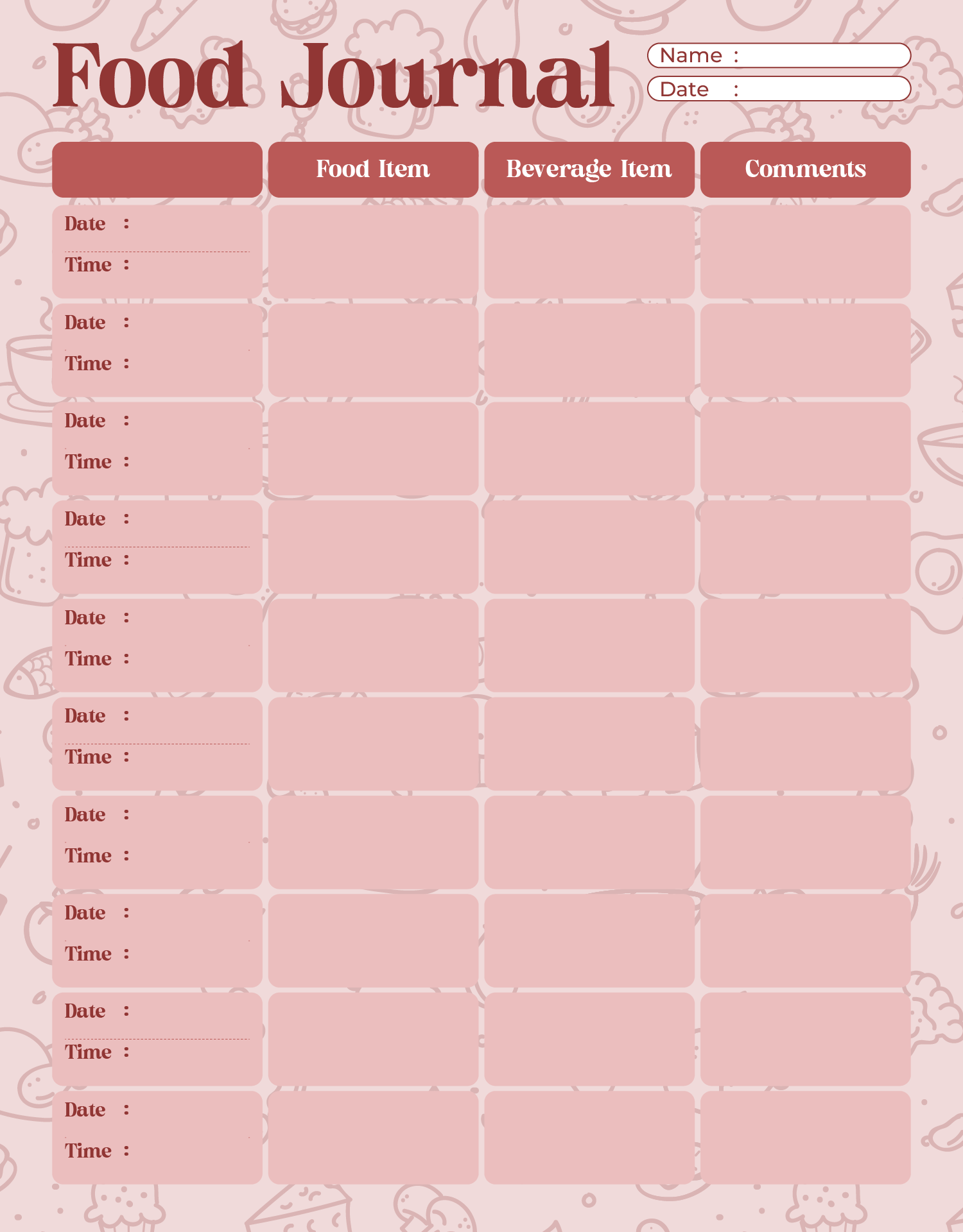 Food Journal Log Form