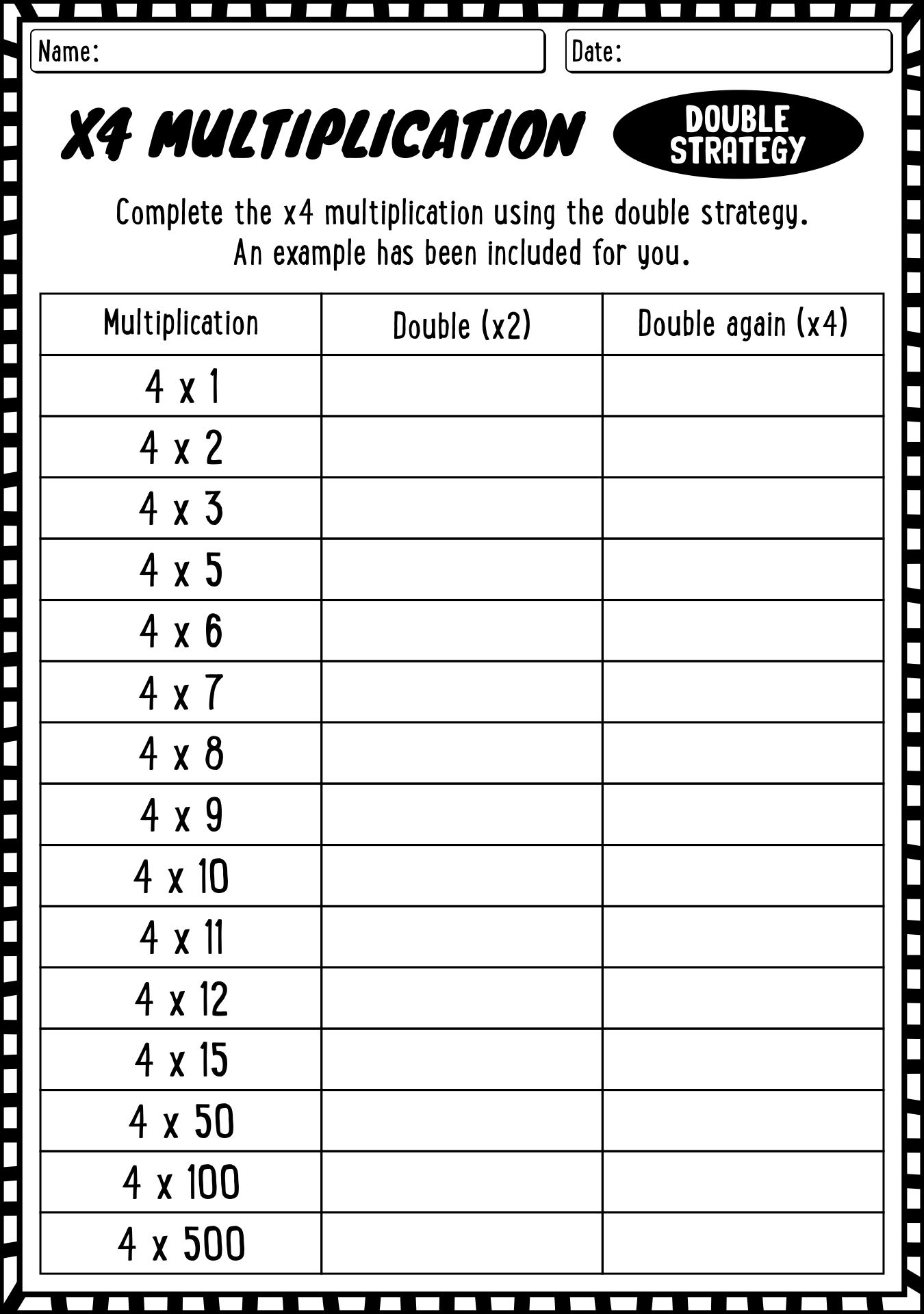 X4 Multiplication Double Strategy Worksheet