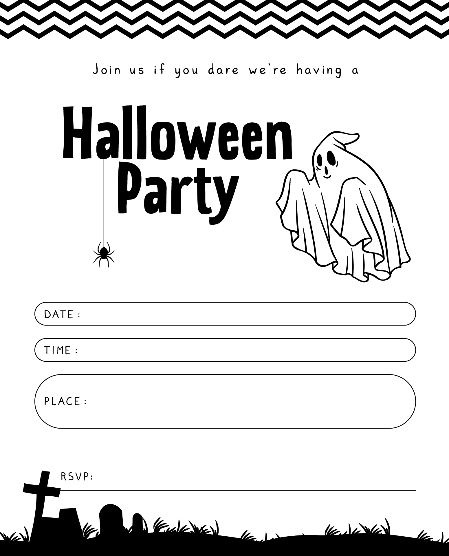 Black And White Chevron Ghost Halloween Invitations Printable