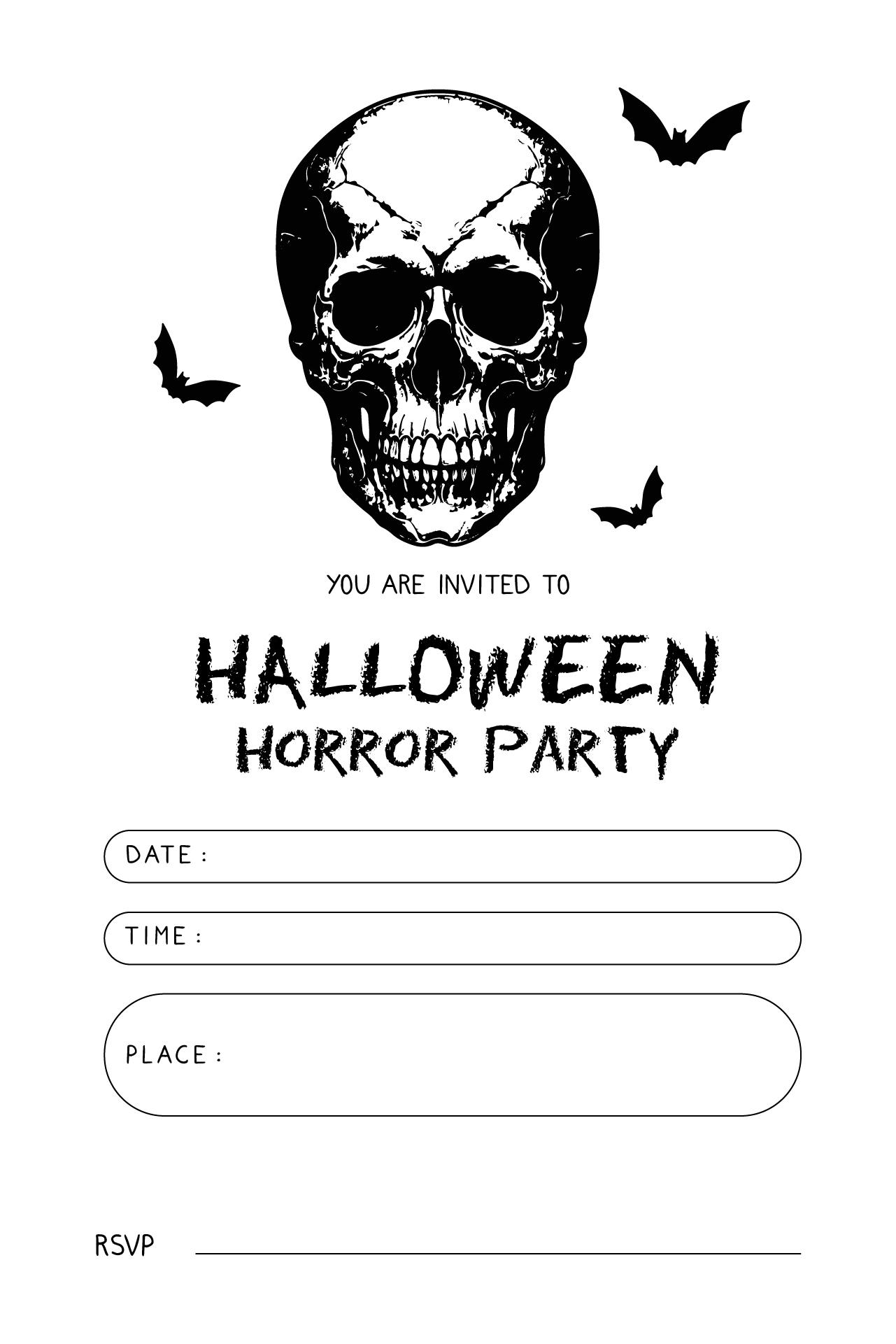 Skull Halloween Invitation Printable Template Black & White