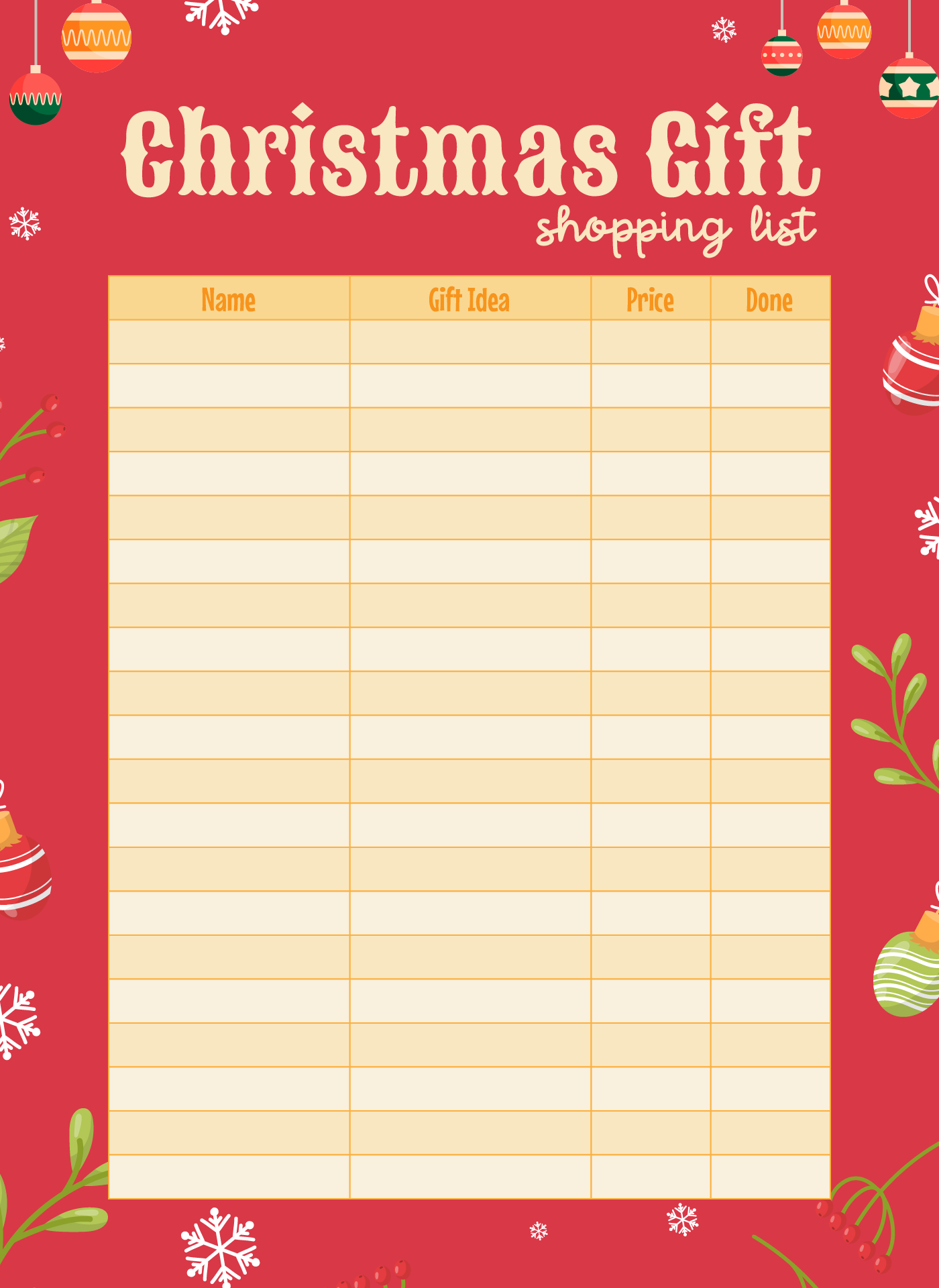 Christmas Gift Shopping Lists