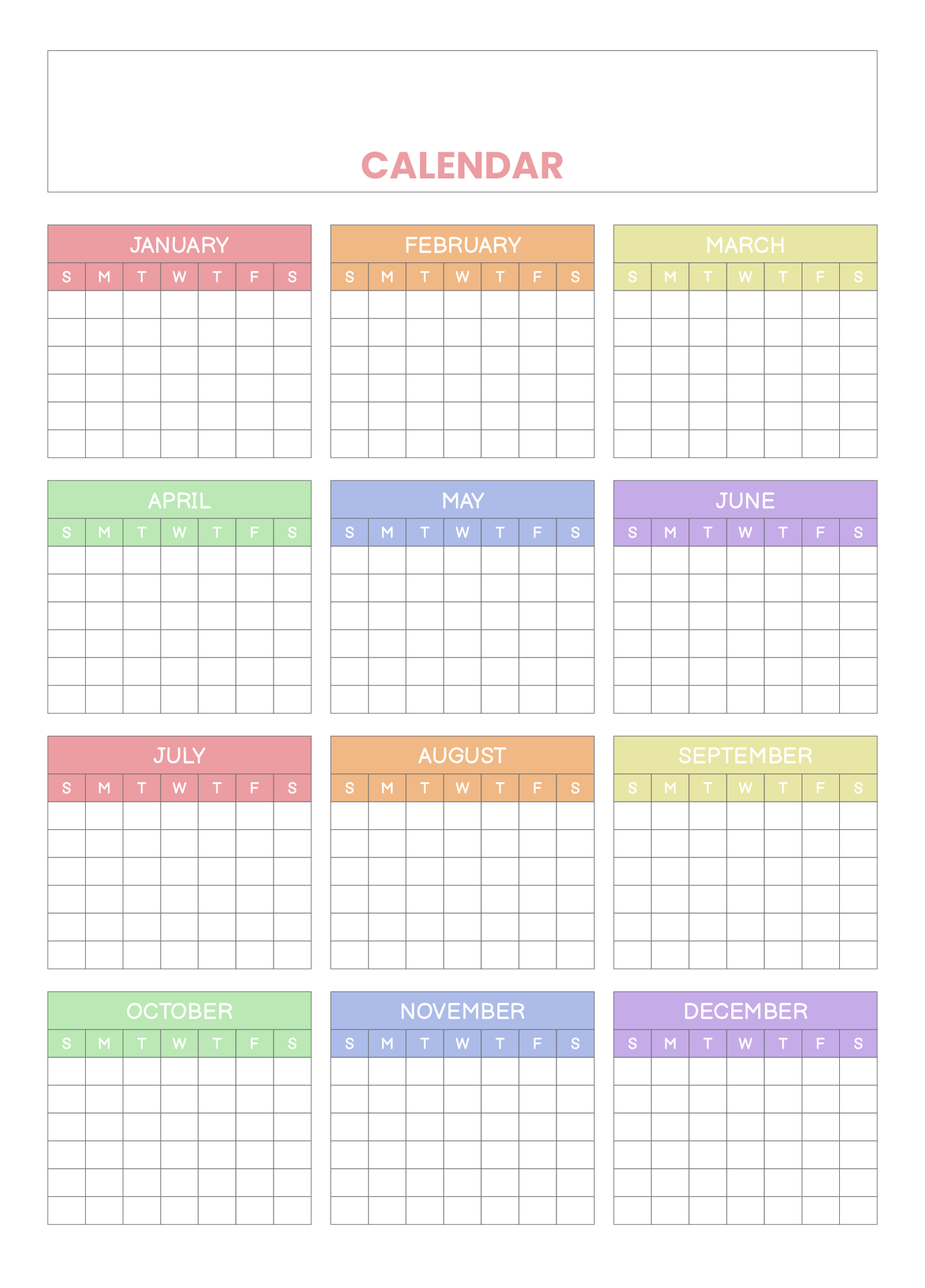 12 Month Blank Monthly Calendar Template