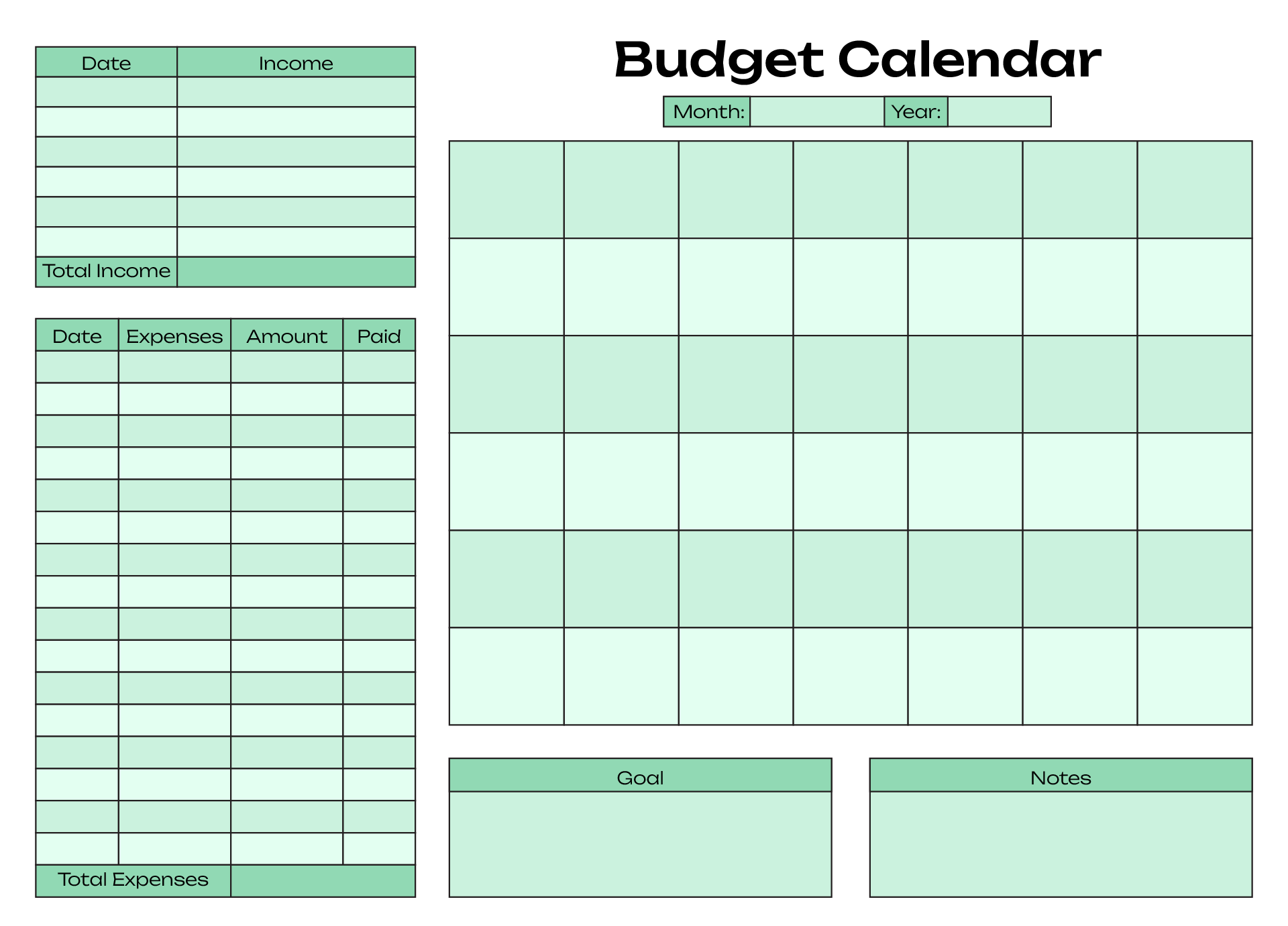 Blank Budget Calendar For Beginner