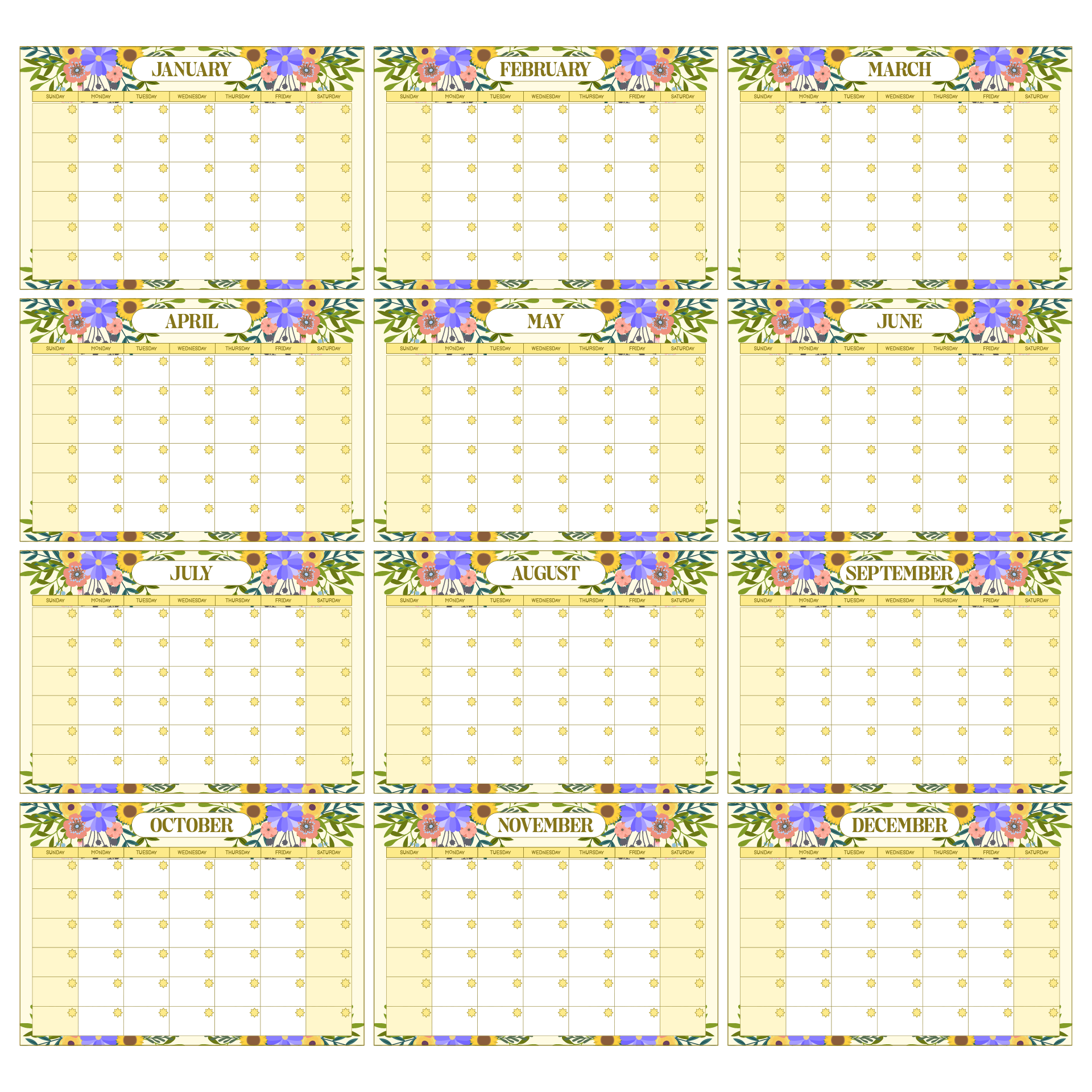 12 Monthly Calendar Floral
