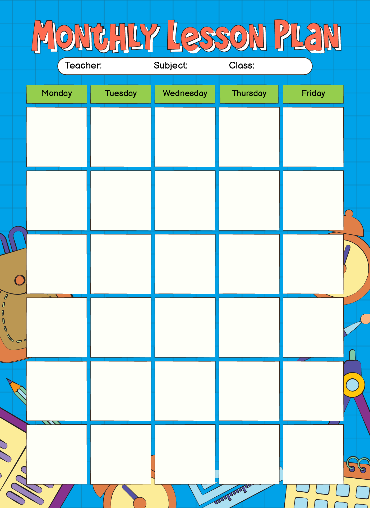 Calendar Monthly Lesson Plan Template