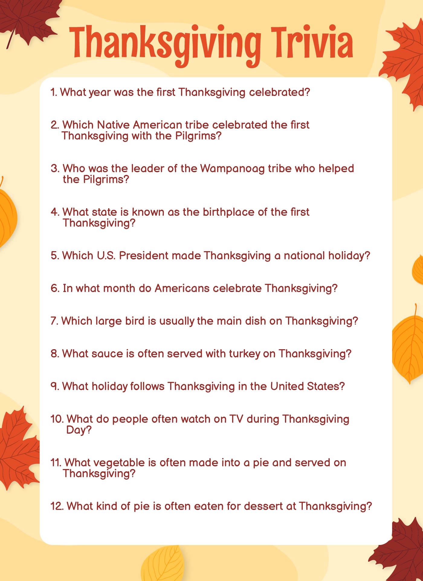 Printable Thanksgiving Trivia Game