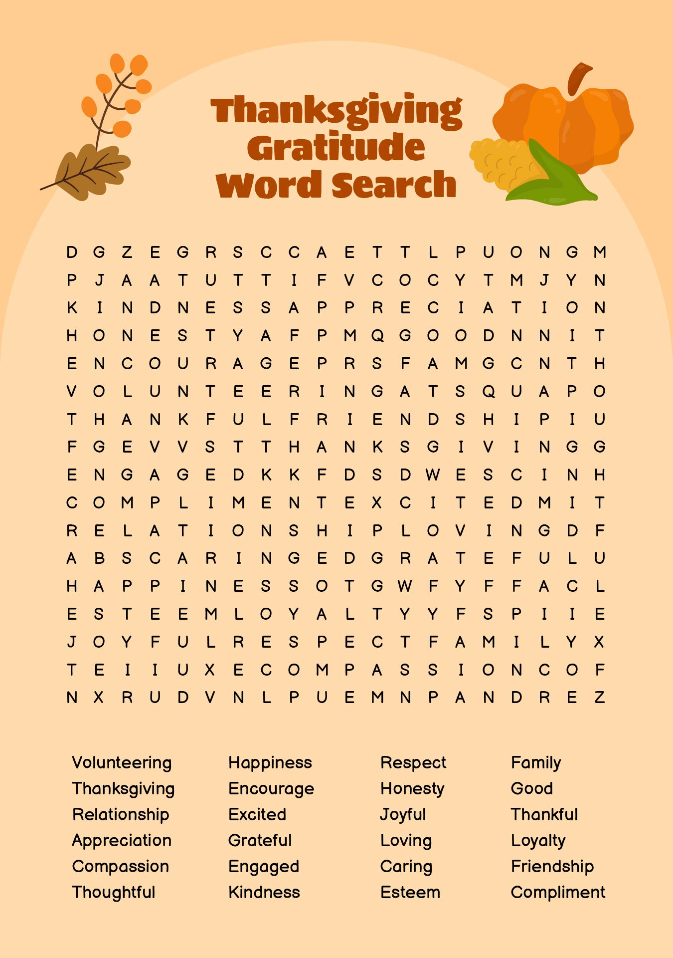 Thanksgiving Gratitude Word Search