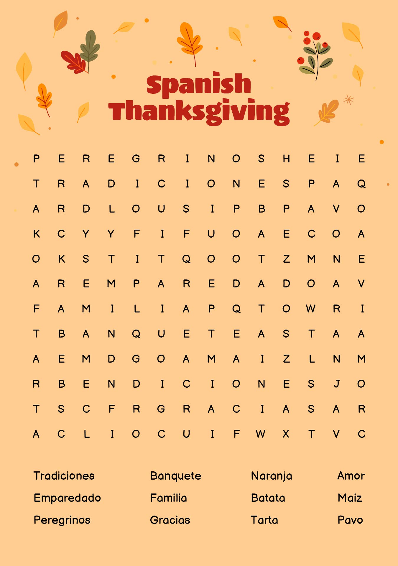 Spanish Thanksgiving Word Search