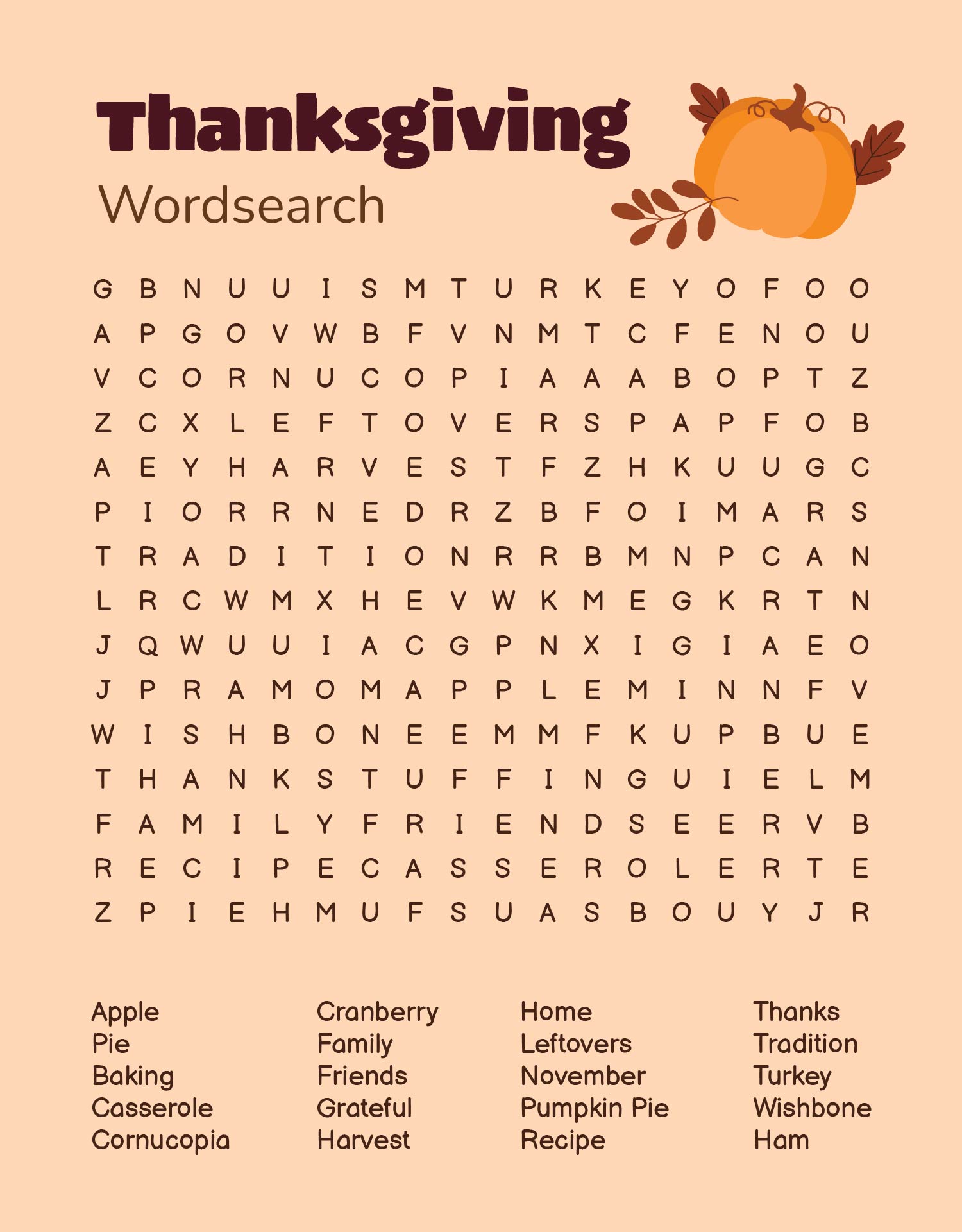 Giving Thanks Thanksgiving Word Search