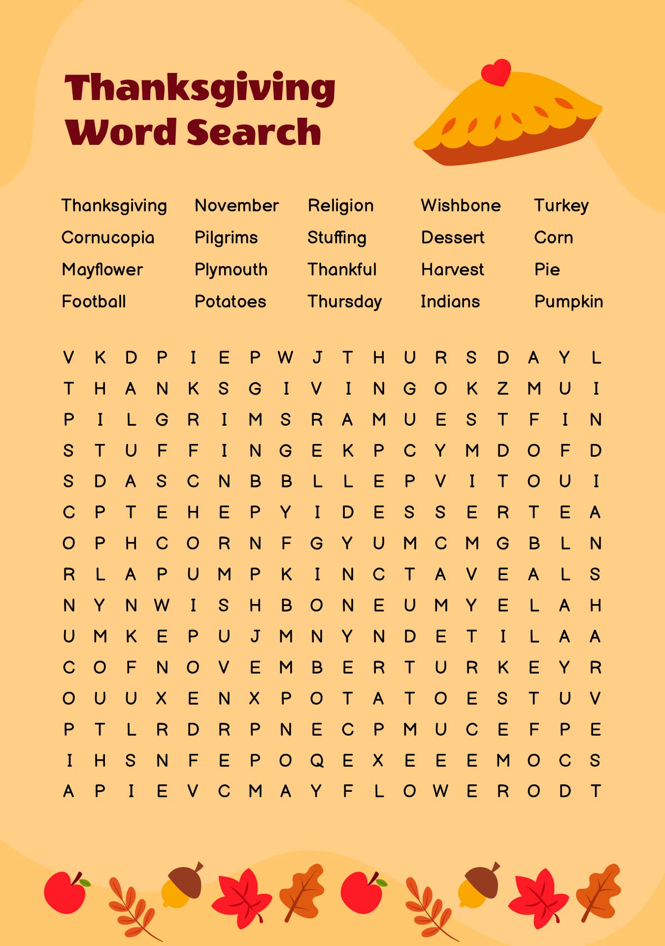 Thanksgiving Word Search Worksheet