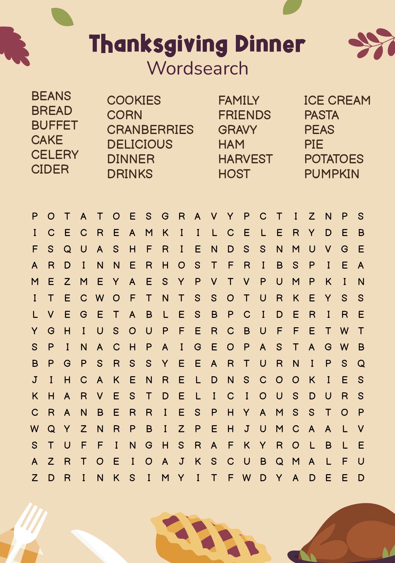 Thanksgiving Foods Word Search