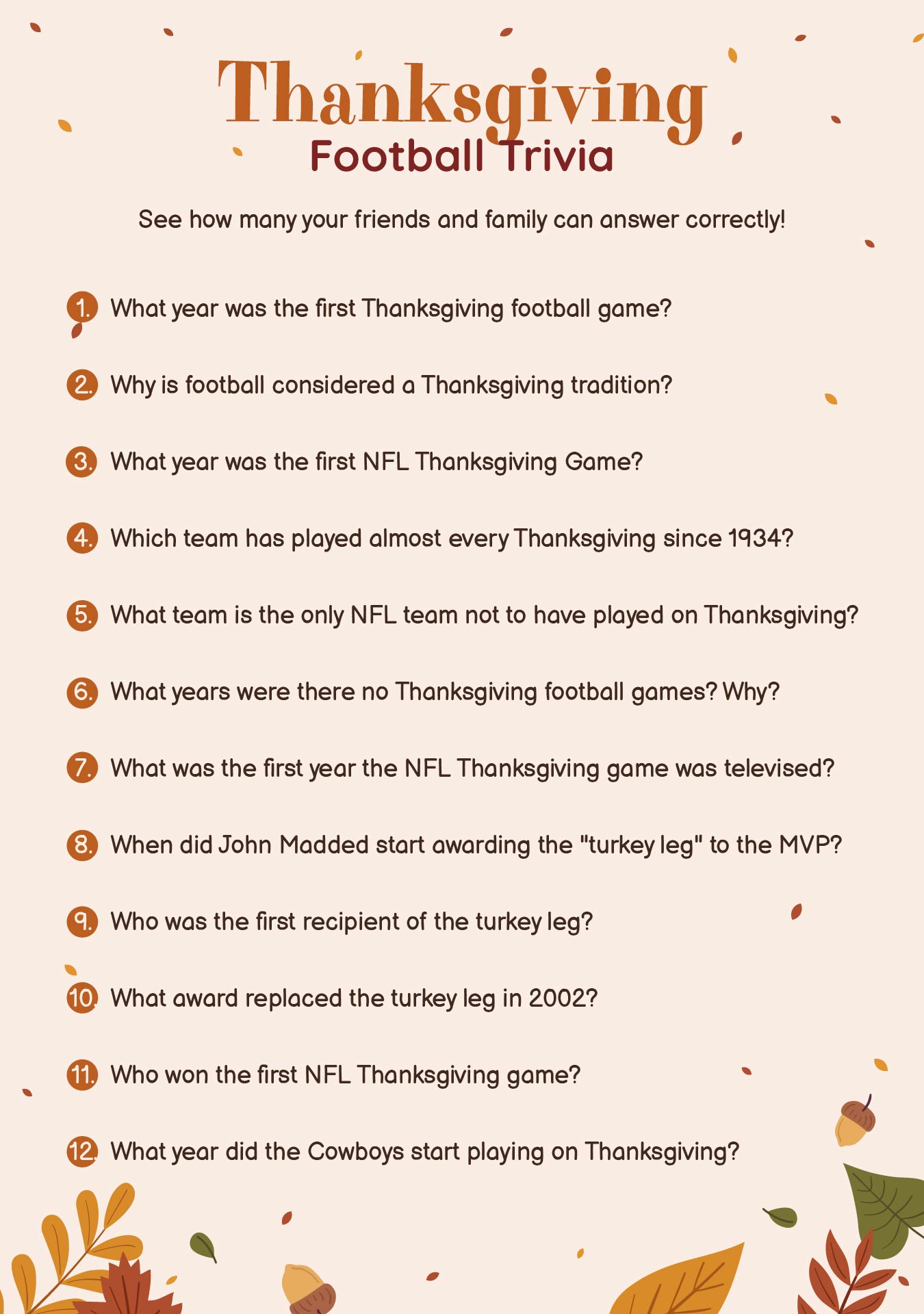 Thanksgiving Football Trivia Game