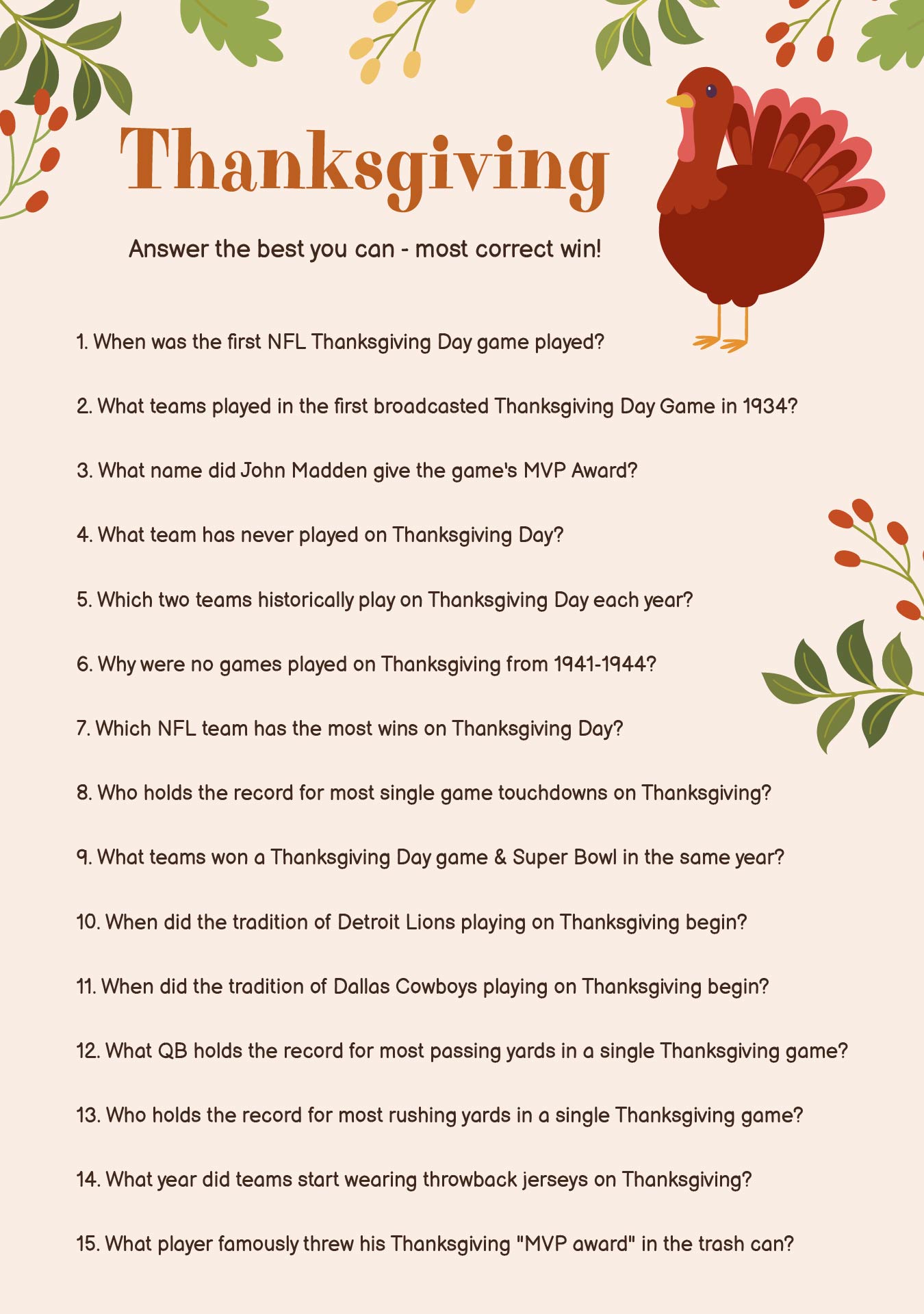 Thanksgiving Super Bowl Trivia Quiz