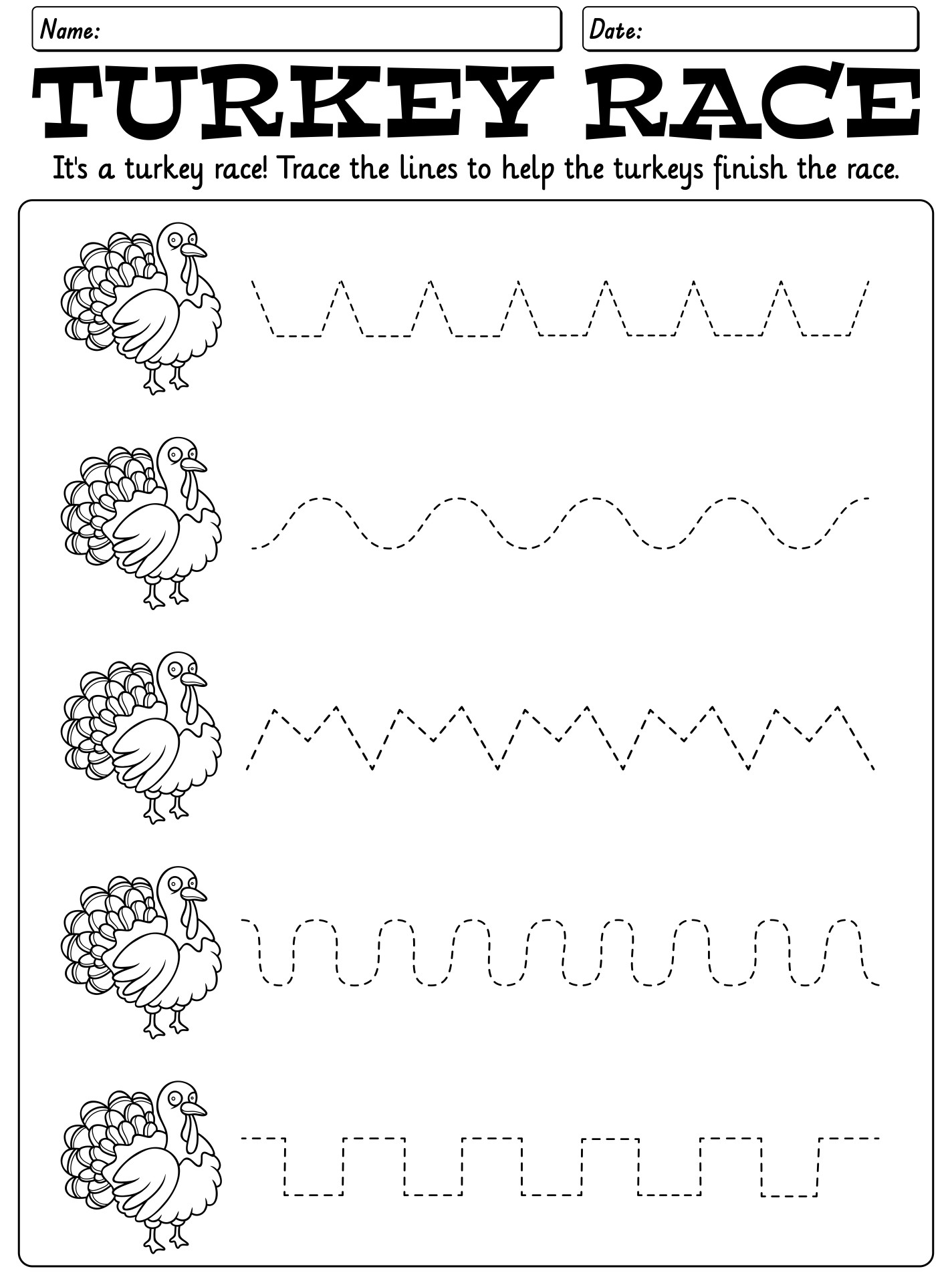 Kindergarten Thanksgiving Tracing Printable