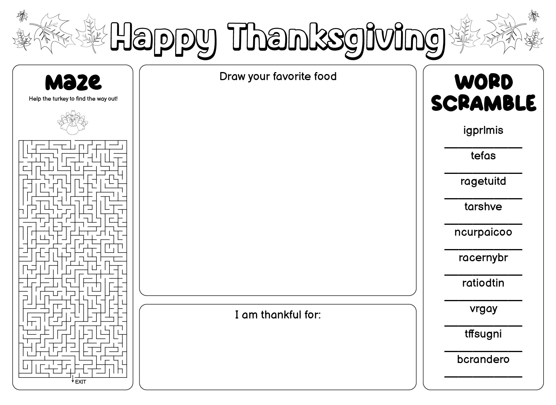 Printable Thanksgiving Placemats For Kindergarten