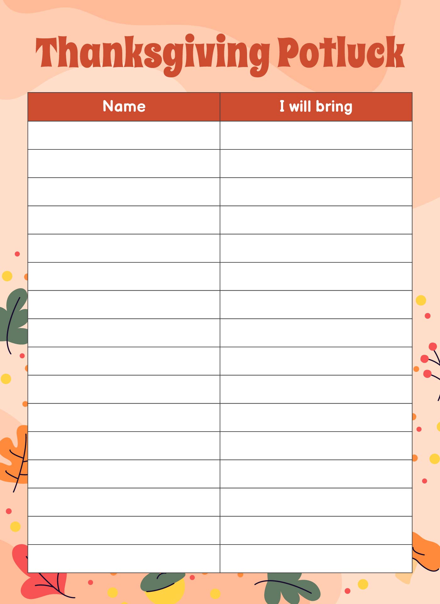 Thanksgiving Potluck Sign Up Sheet