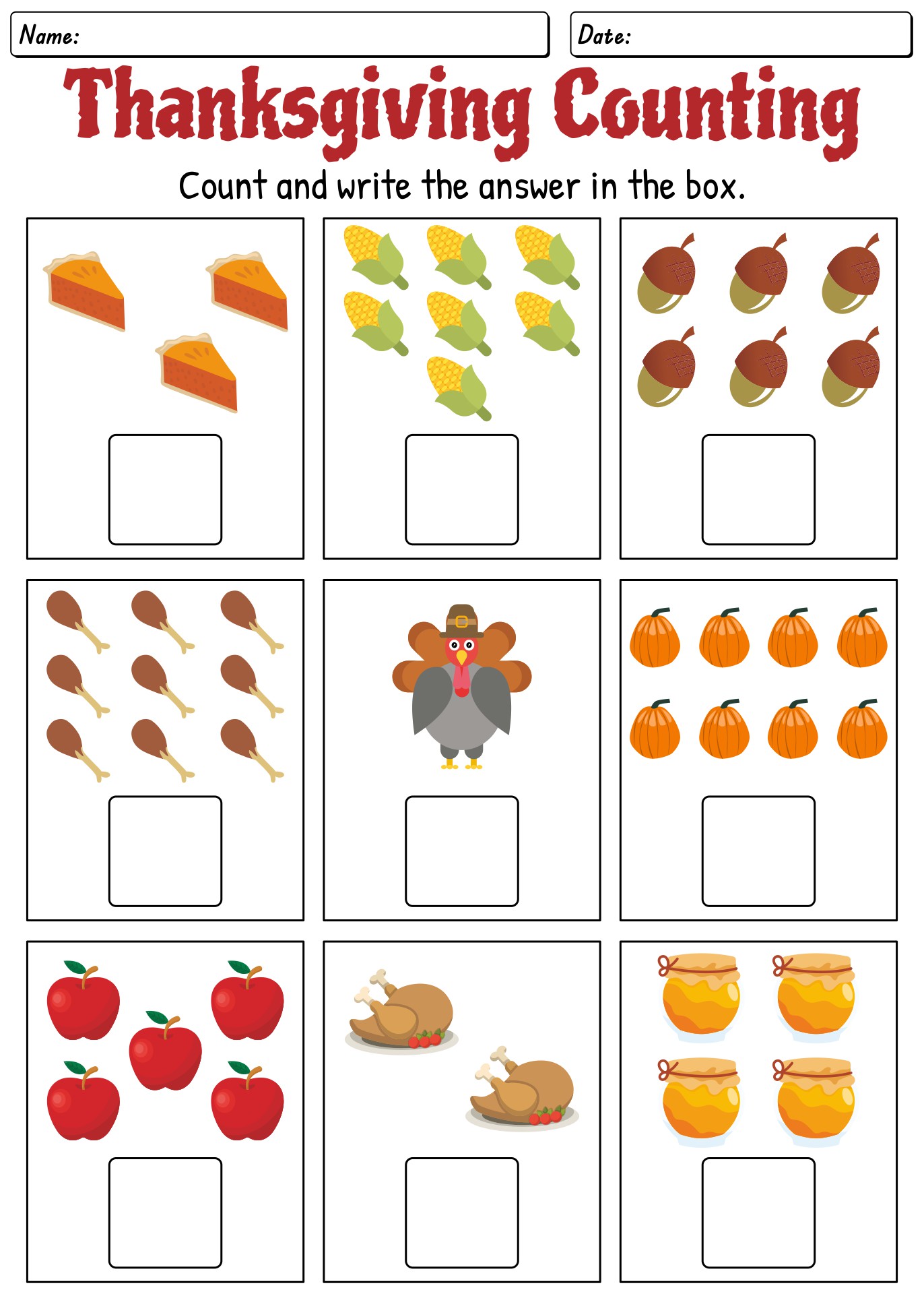 Printable Kindergarten Thanksgiving Numbers