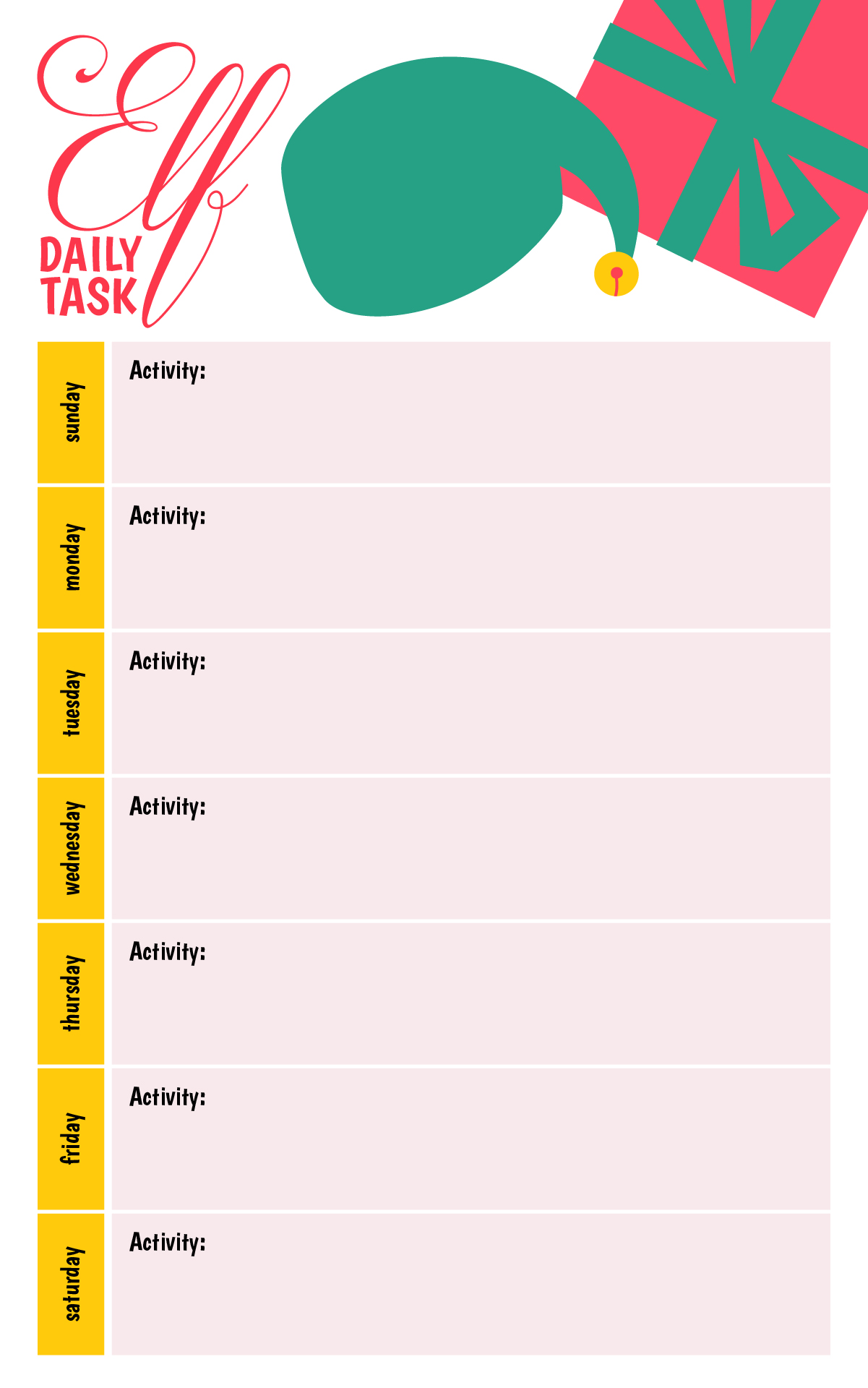 Festive Elf Daily Task Printable Sheet