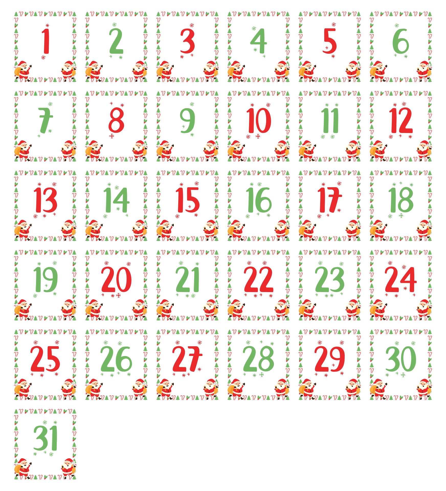 Christmas Themed Calendar Numbers 1-31 Printable