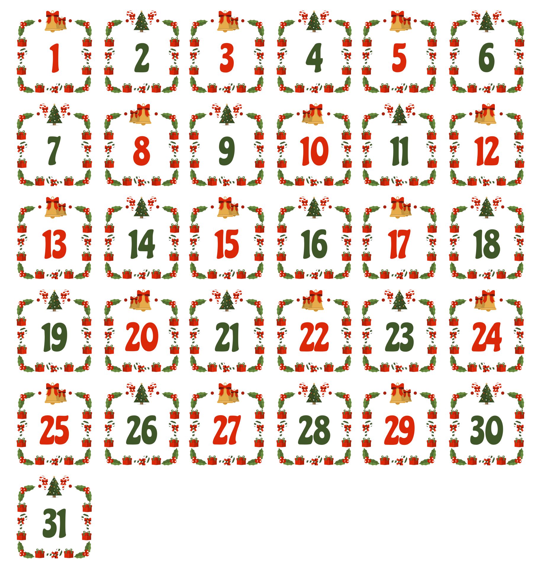 Holiday Advent Calendar Numbers 1 To 31 Printables