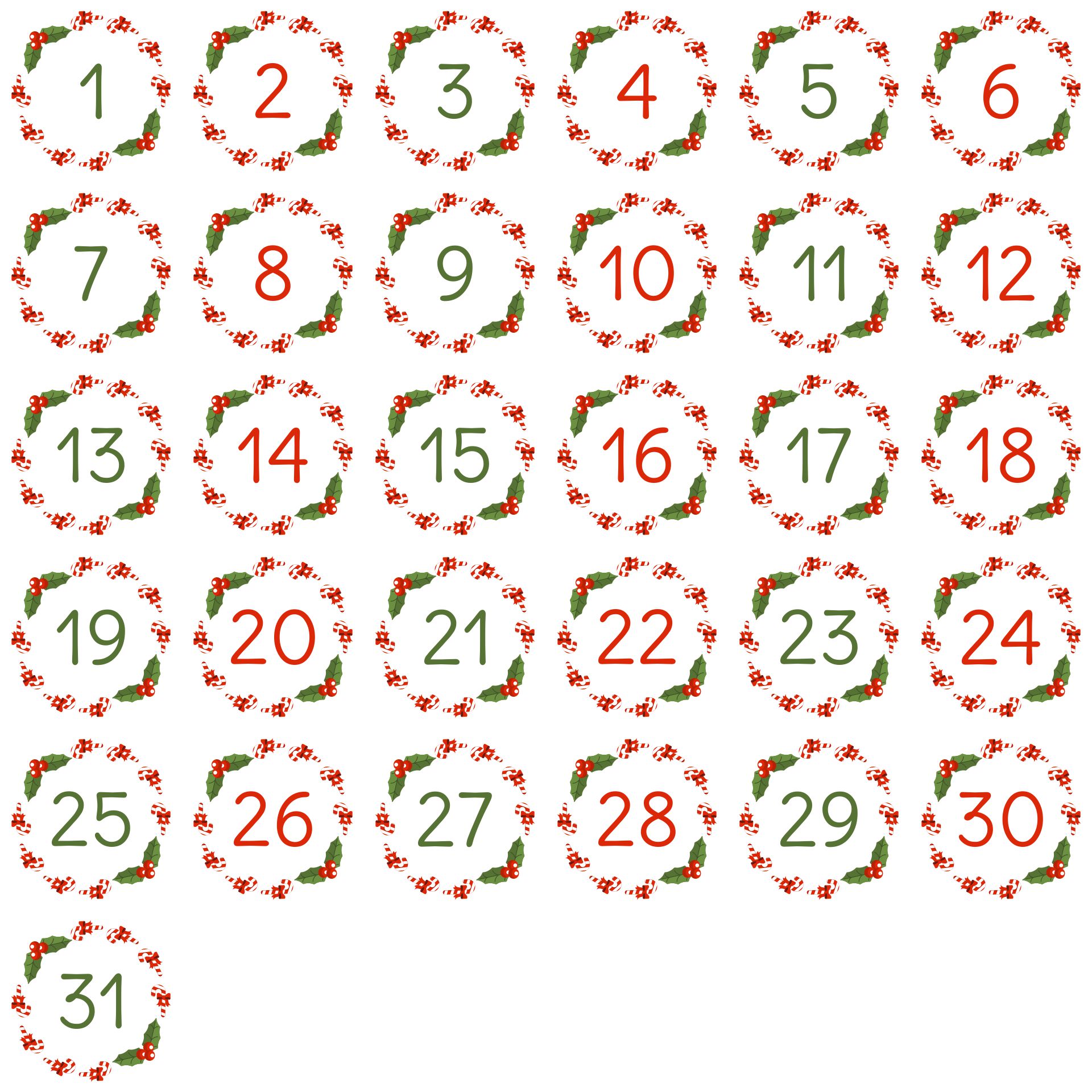 Printable Christmas Countdown Numbers 1-31