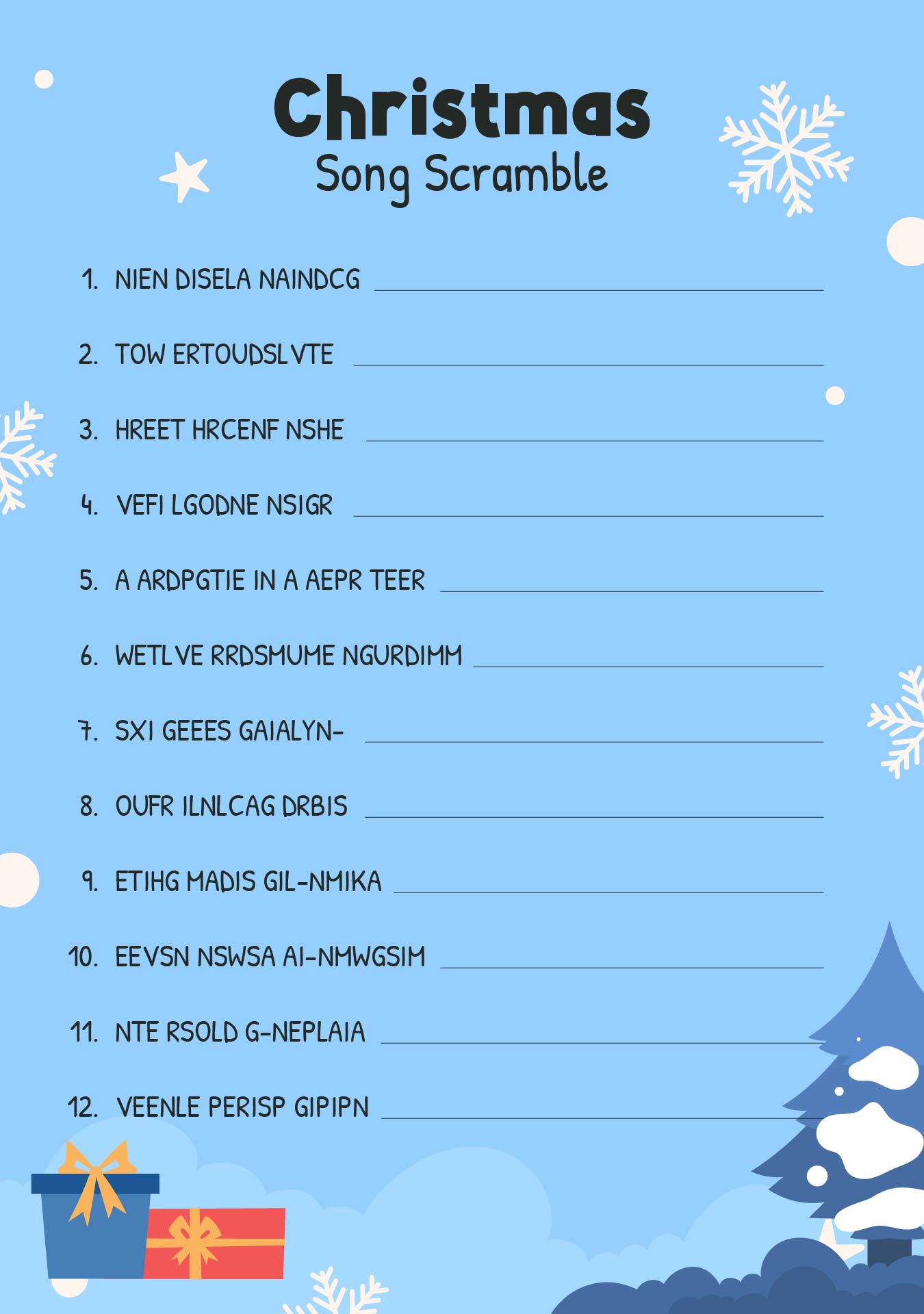 Winter Holiday Song Scramble Printable