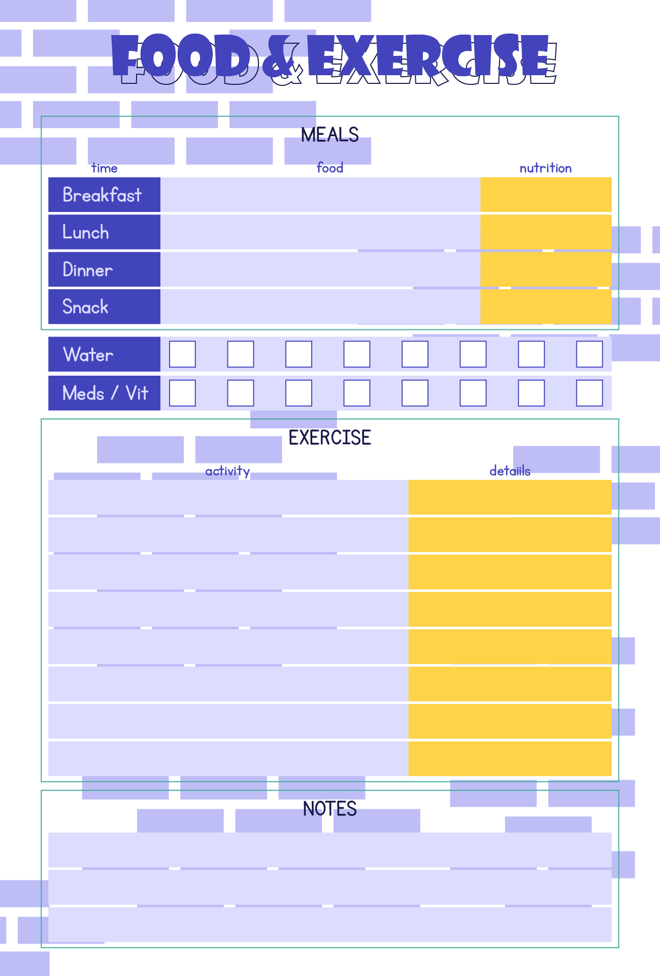 Food Intake And Exercise Logbook Printable