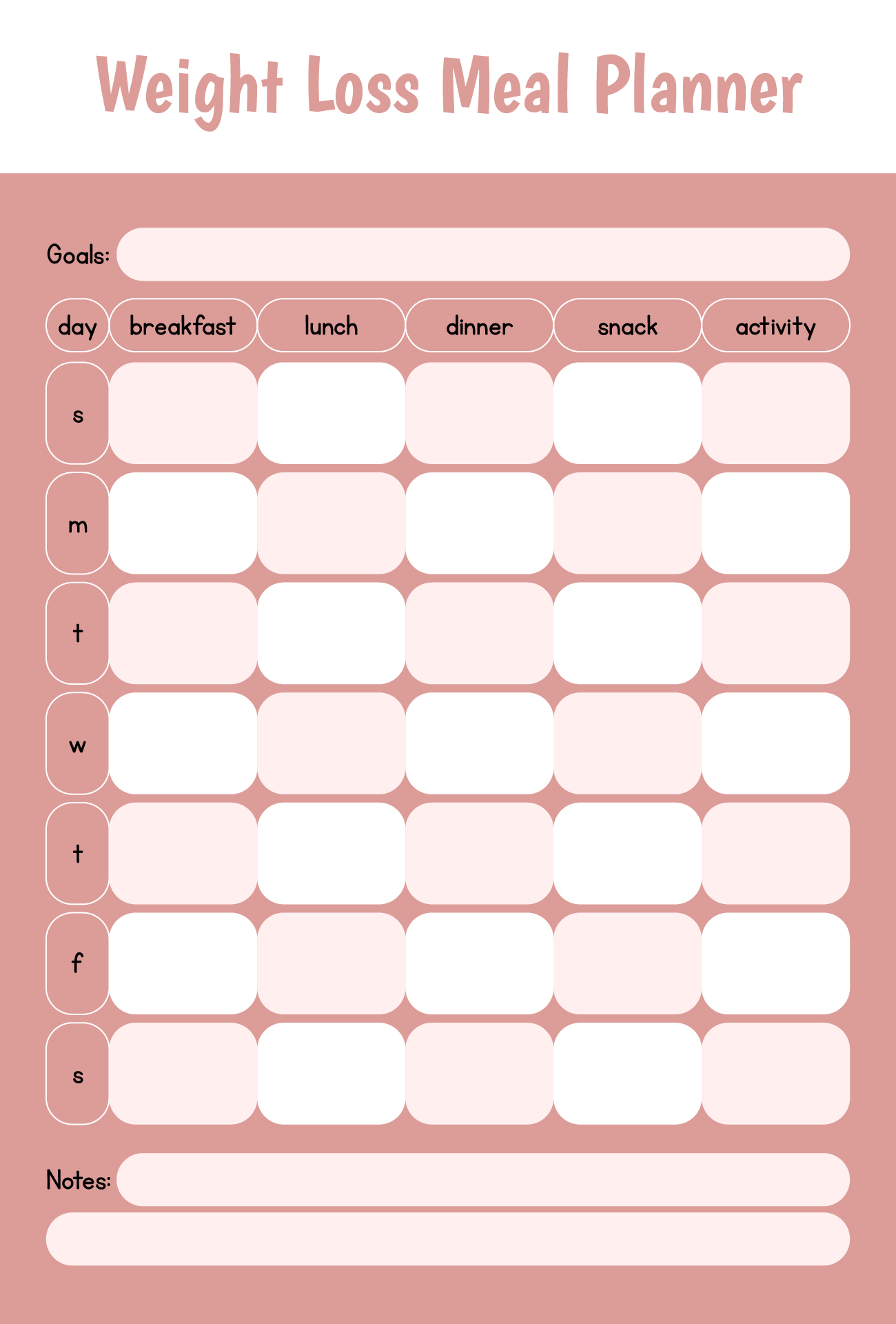 Printable Weekly Weight Loss Meal Planner Chart