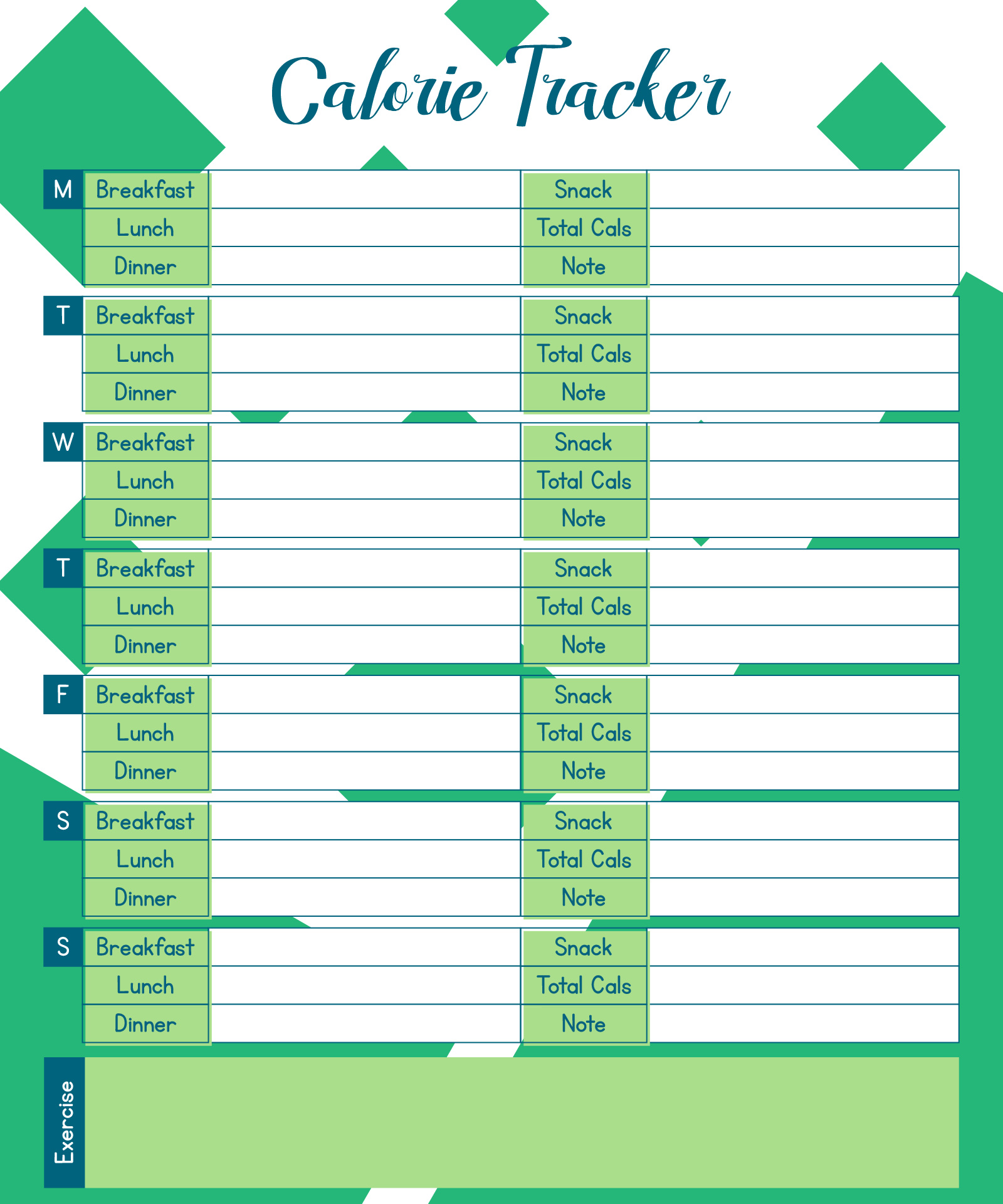 Calorie Counter And Exercise Diary Printable