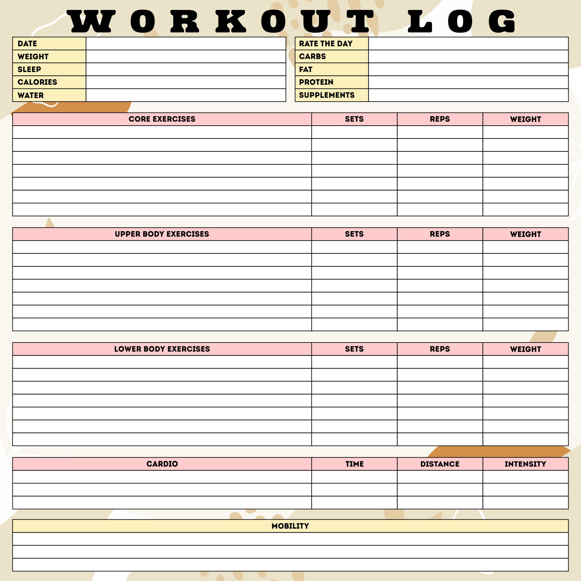 Mind And Body Workout Weekly Log Printable