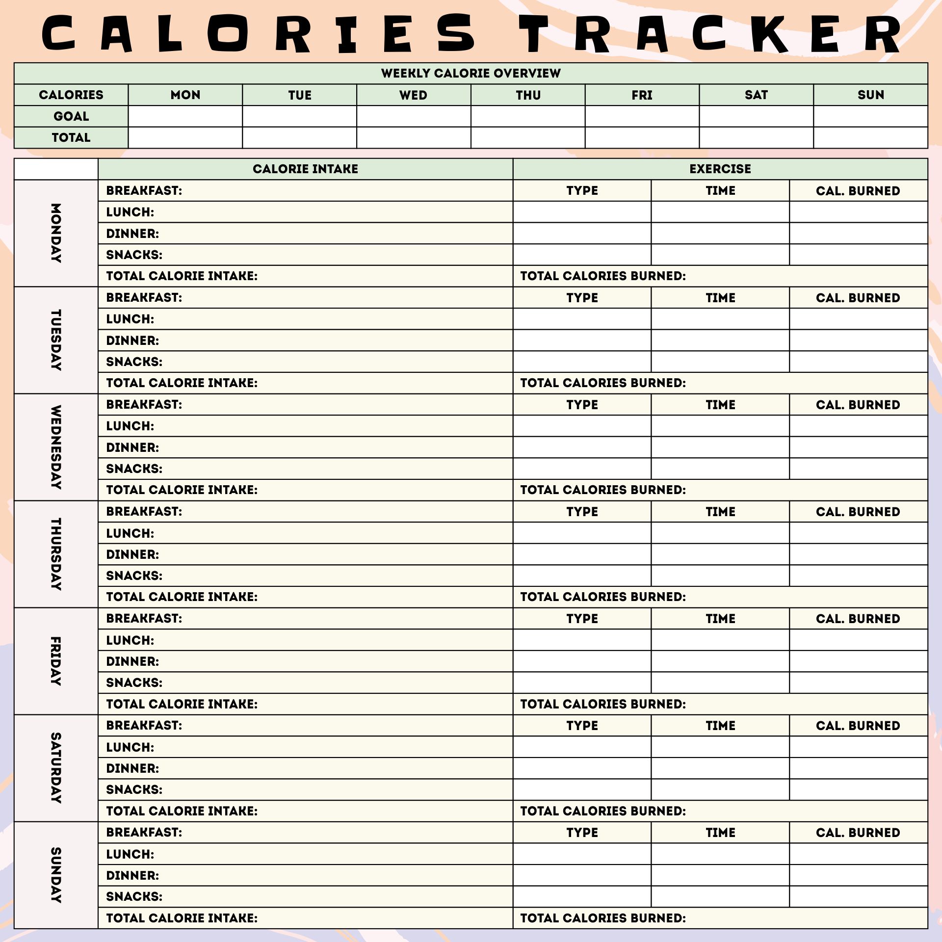 Printable Calorie Counter And Fitness Log