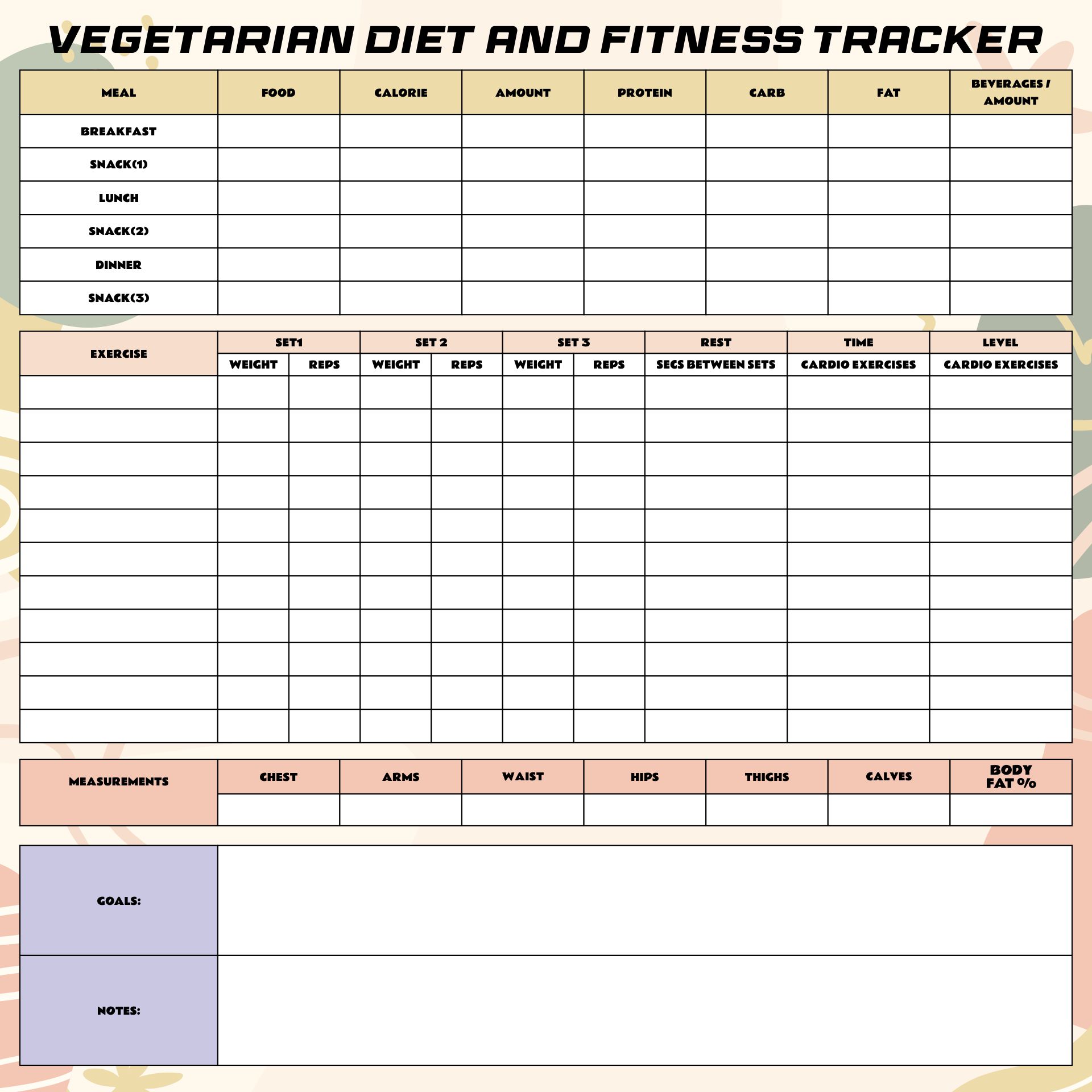 Vegetarian Diet And Fitness Tracker Printable