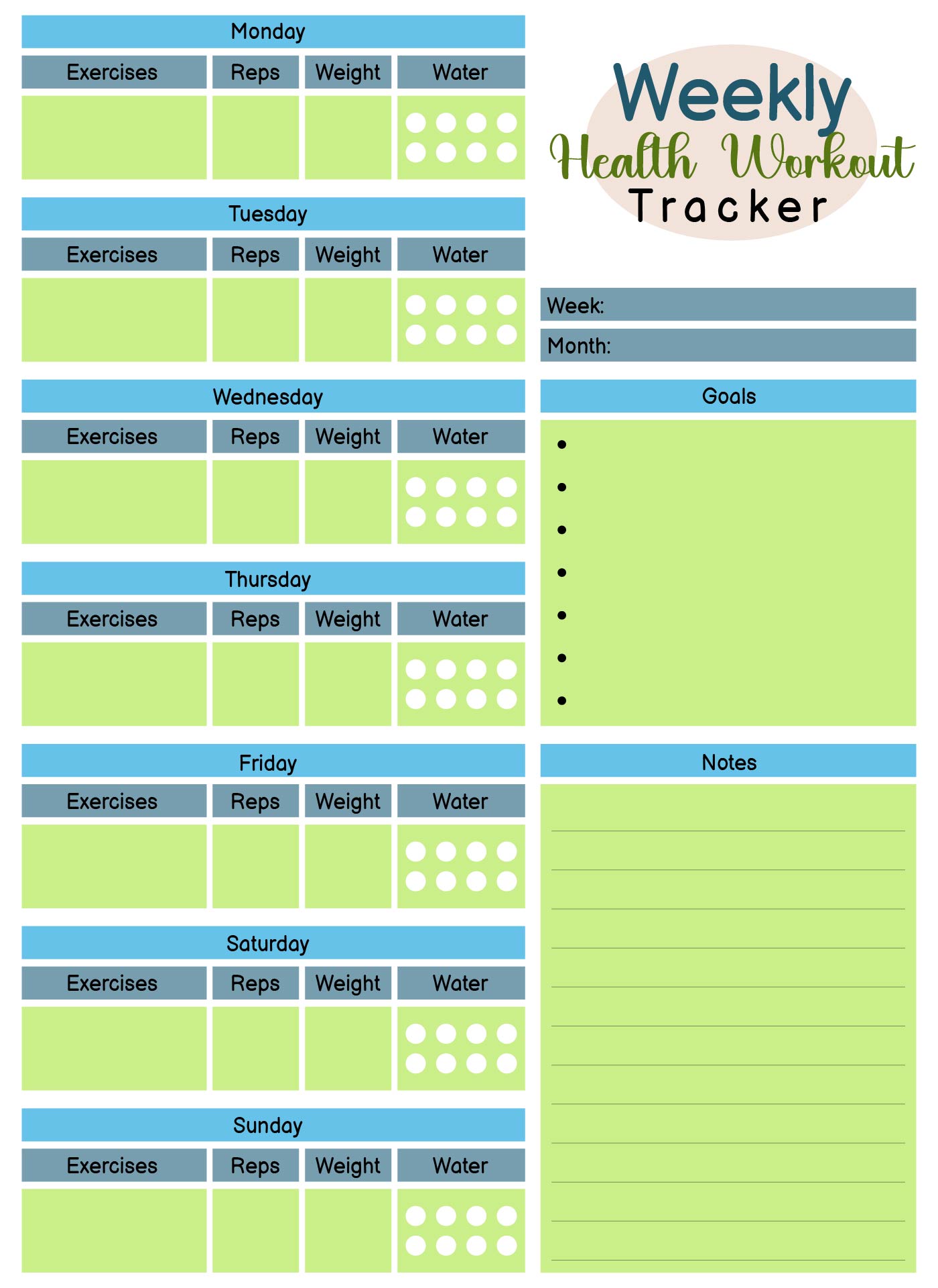 Weekly Health Workout Tracker Journal Printable