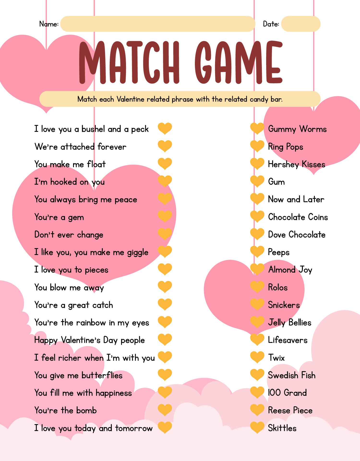 Printable Valentines Day Word Match Games