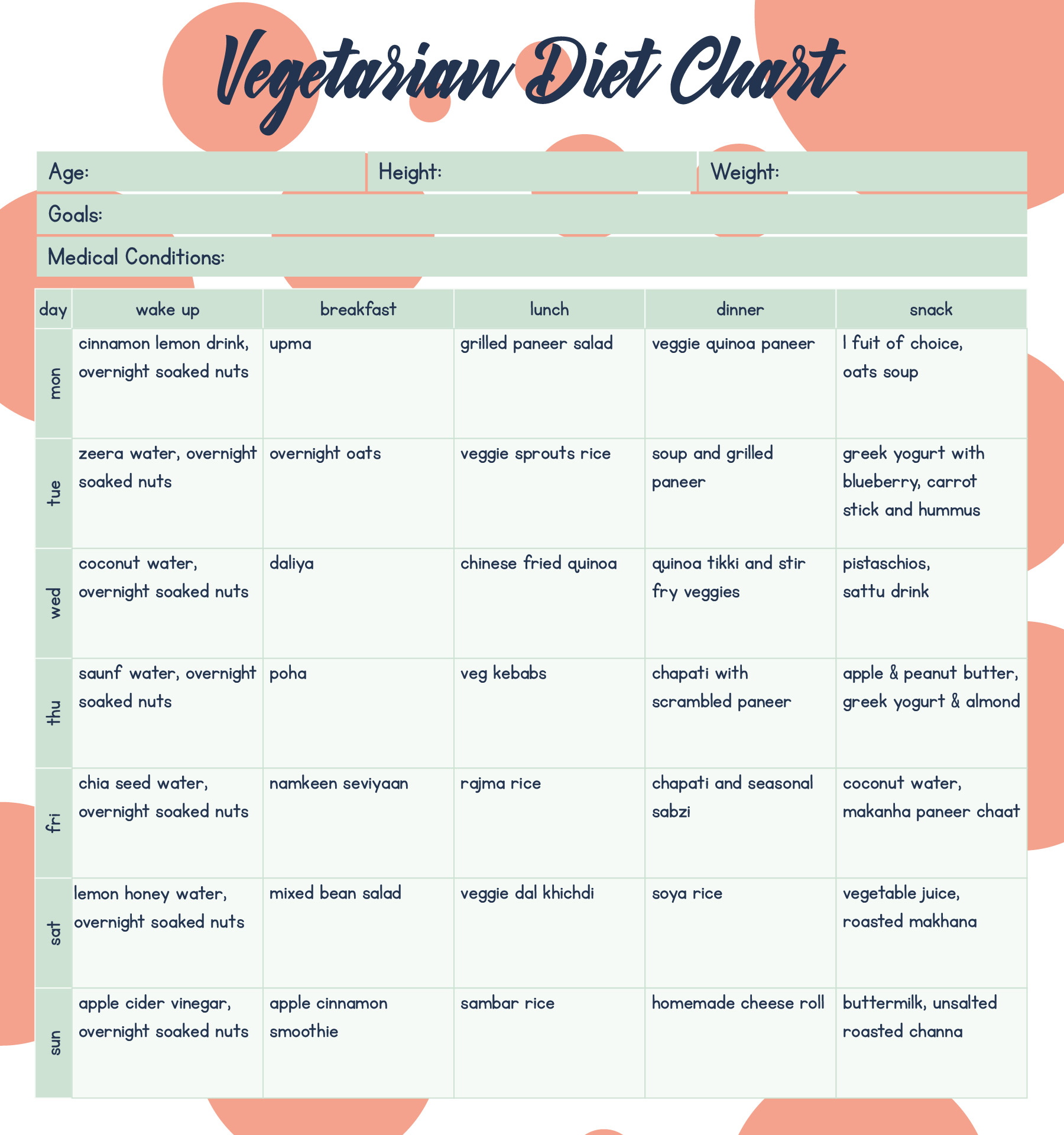 Printable Vegetarian Diet Chart For Weight Loss