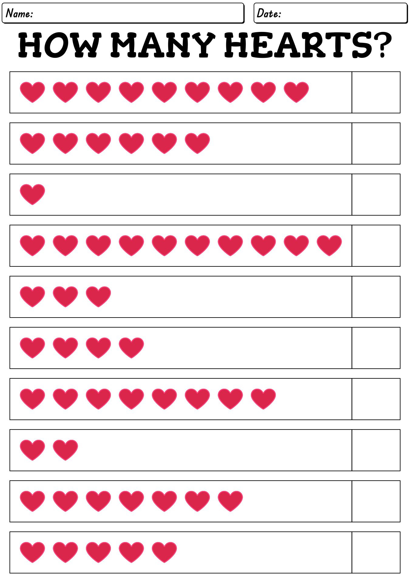 Counting Hearts Valentine Math Sheets