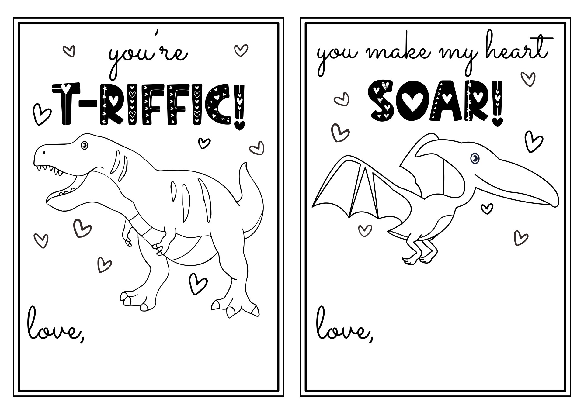 Dinosaur Valentines Day Cards Colorable Printable