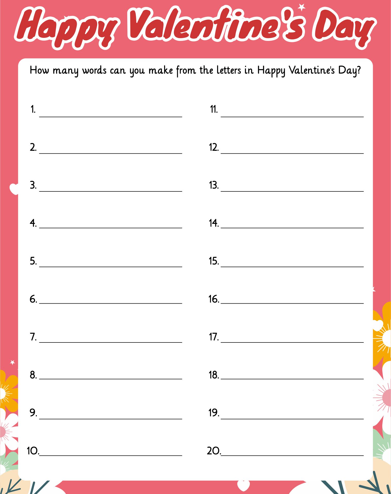 Preschool Printable Valentine Word Game