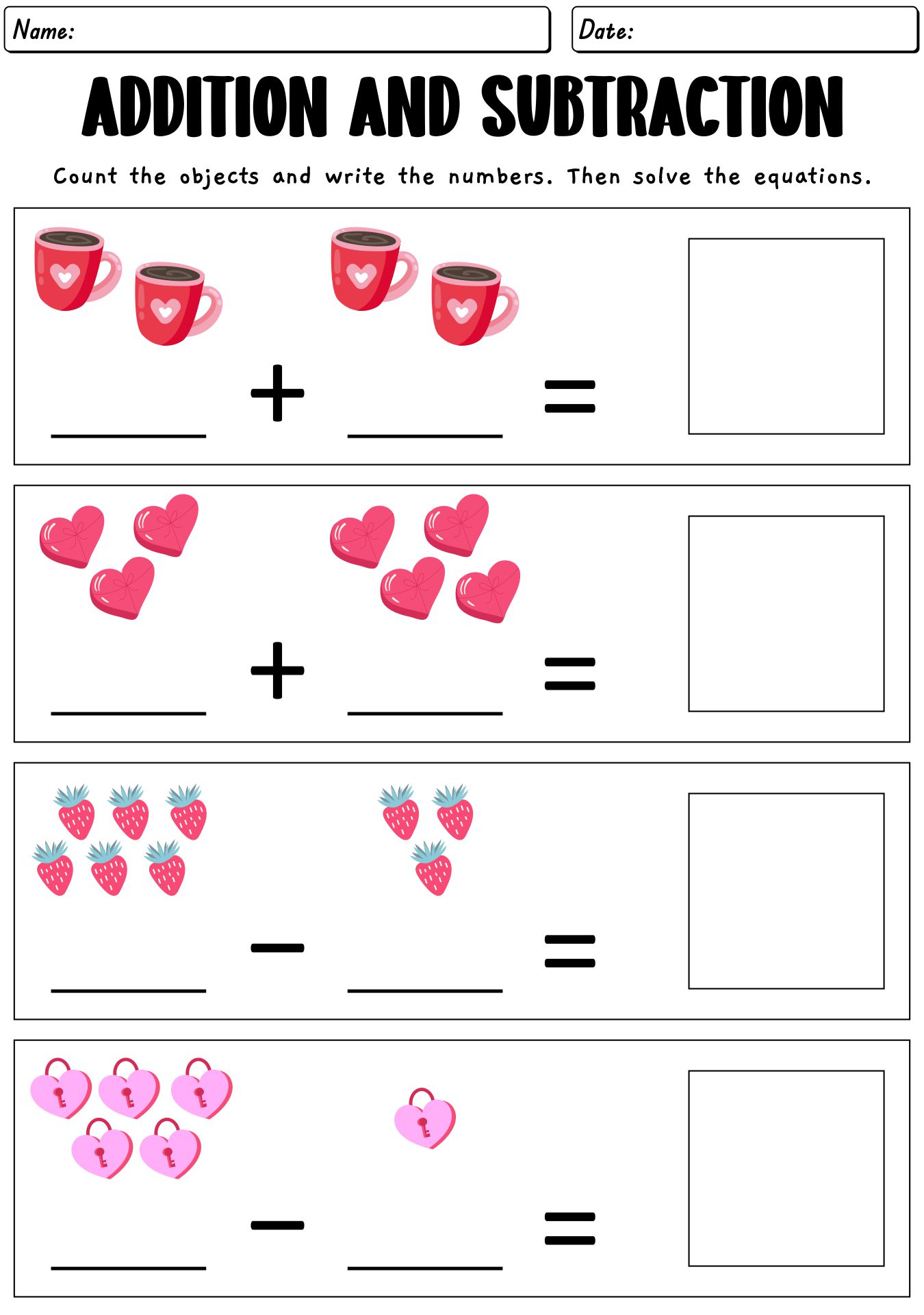 Valentines Day Addition And Subtraction Worksheets