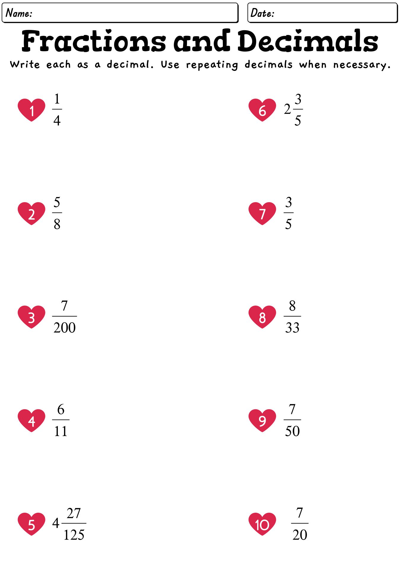 Valentines Fractions And Decimals Worksheets