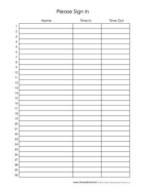 Printable Sign in Sheet Template