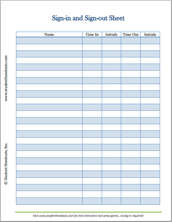 Printable Sign Out Sheets