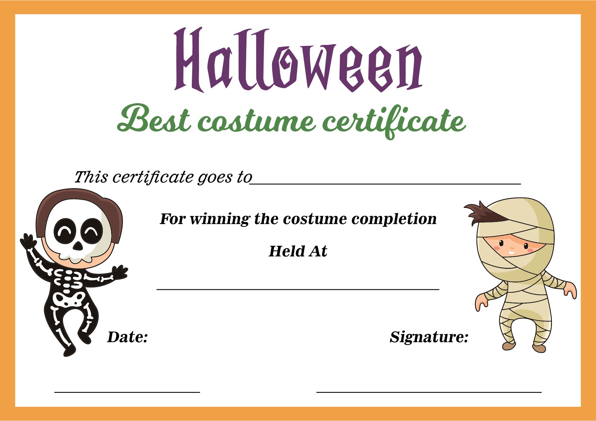 Best Costume Certificate Printable Free