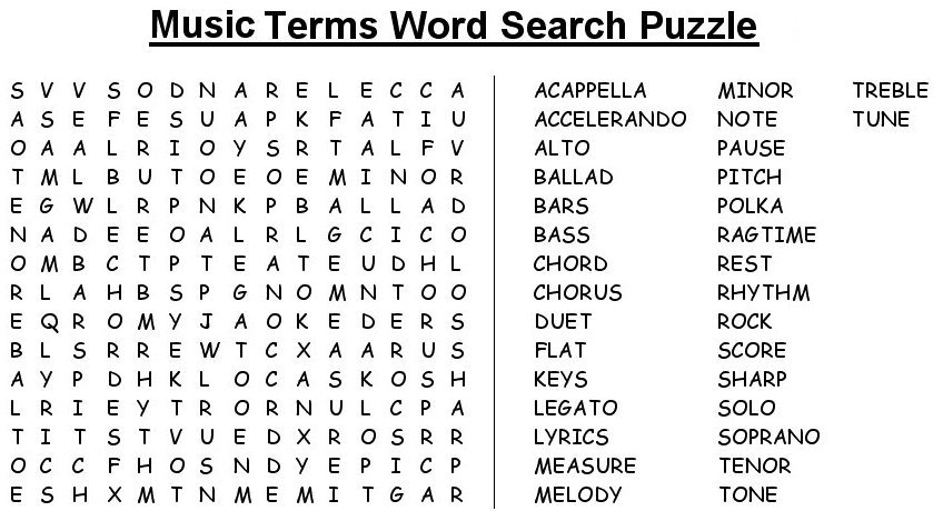 Printable Music Word Search Puzzles