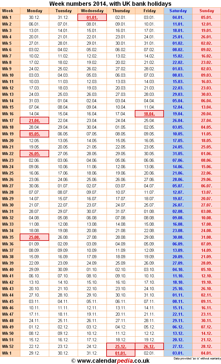 2014 Calendar with Week Numbers