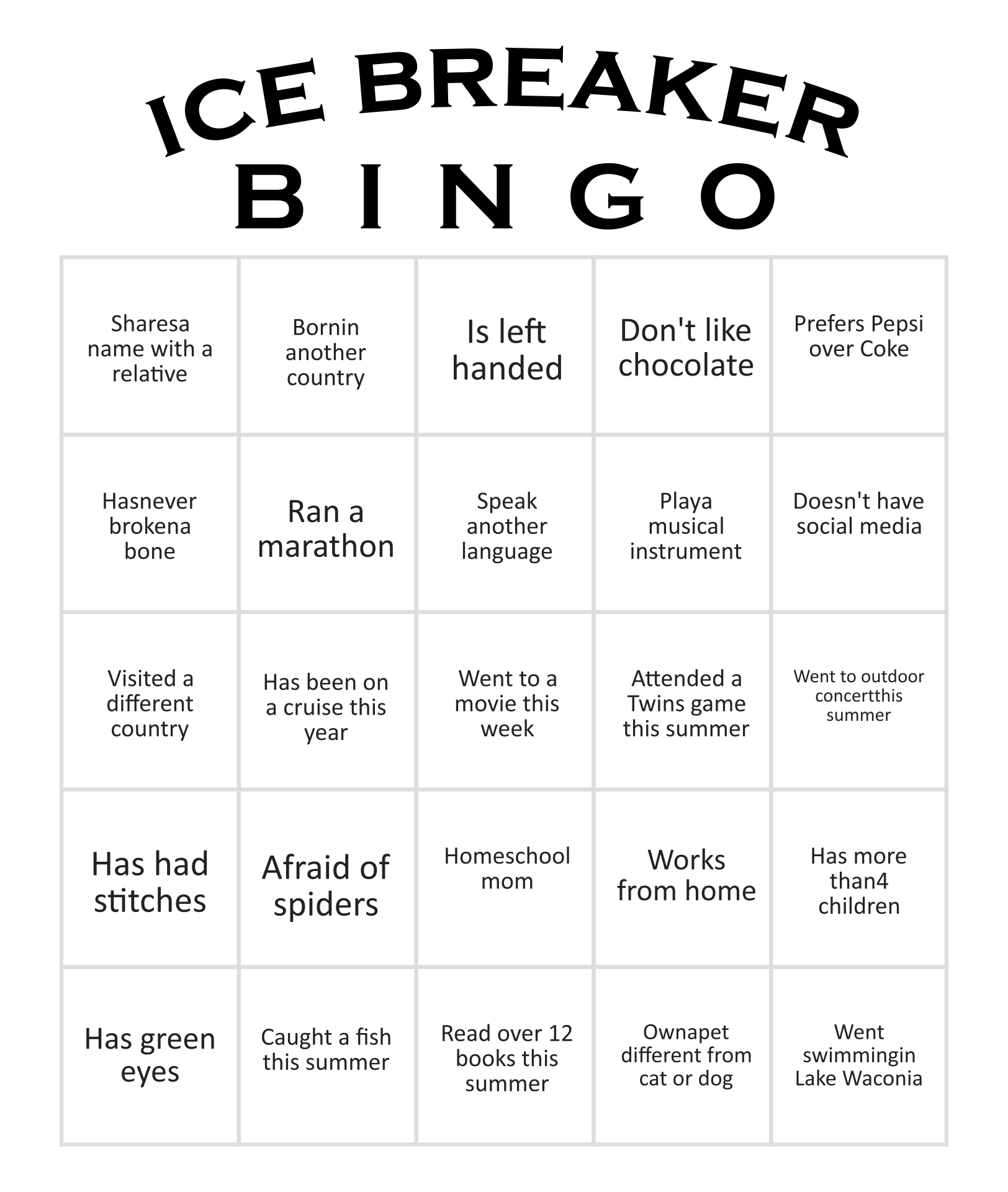 Free Printable Human Bingo