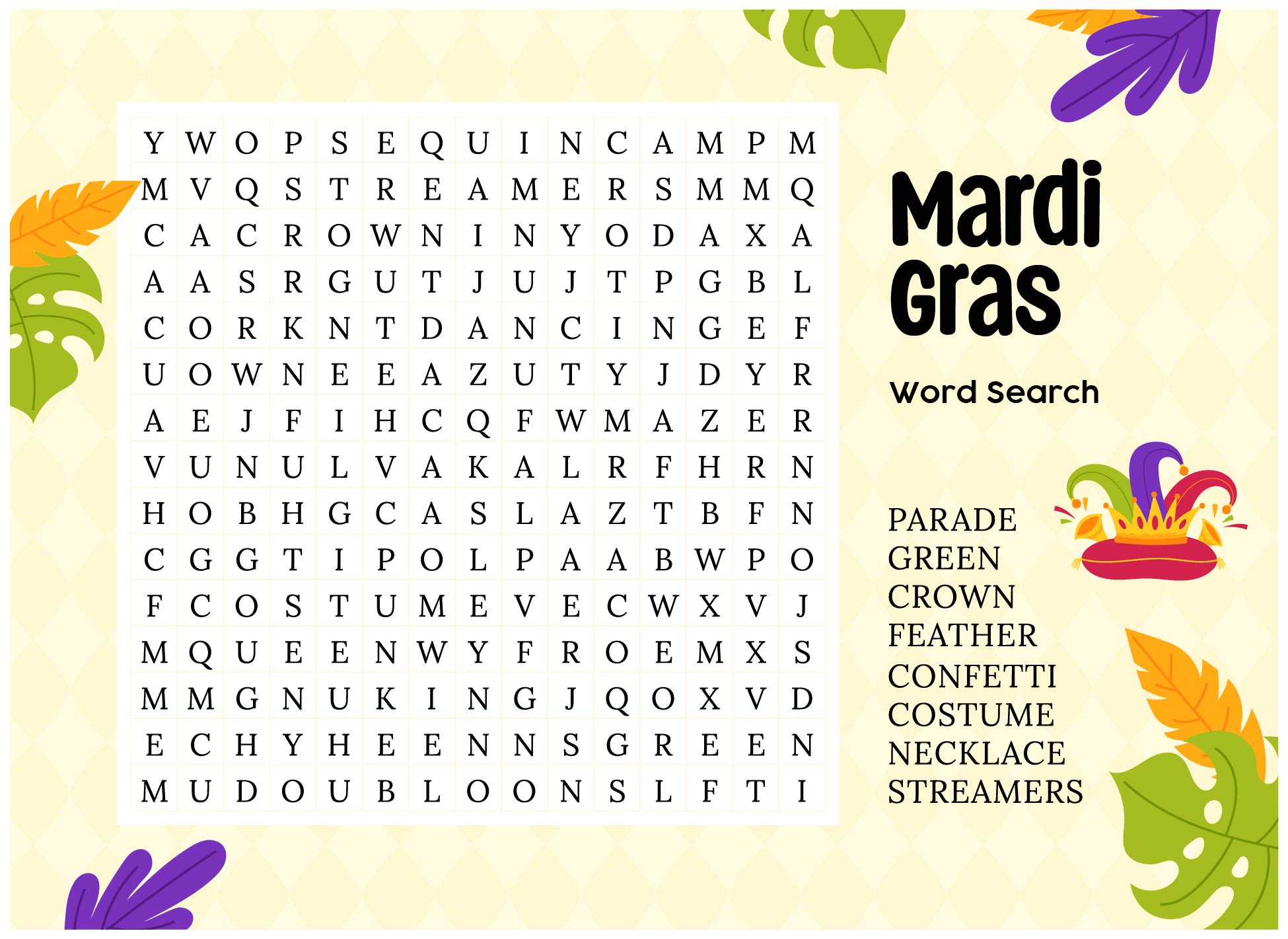Mardi Gras Crossword Puzzle Printable