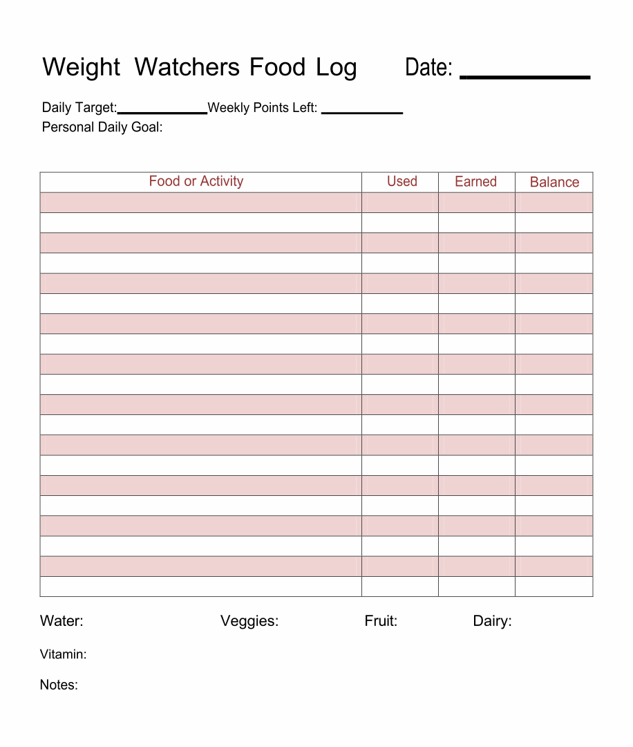 weight watchers daily food tracker template